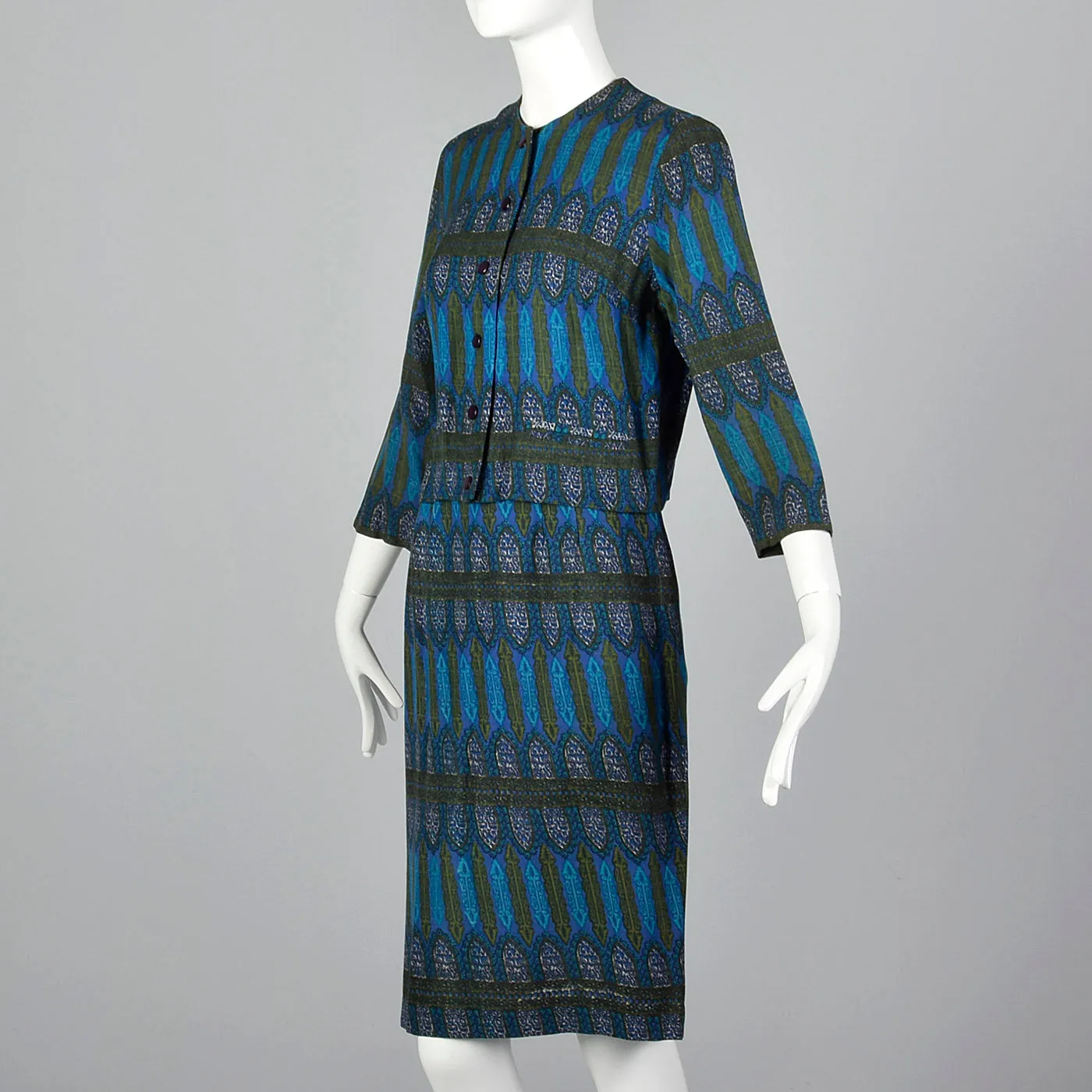 1960s Blue Printed Jacket with Matching Skirt