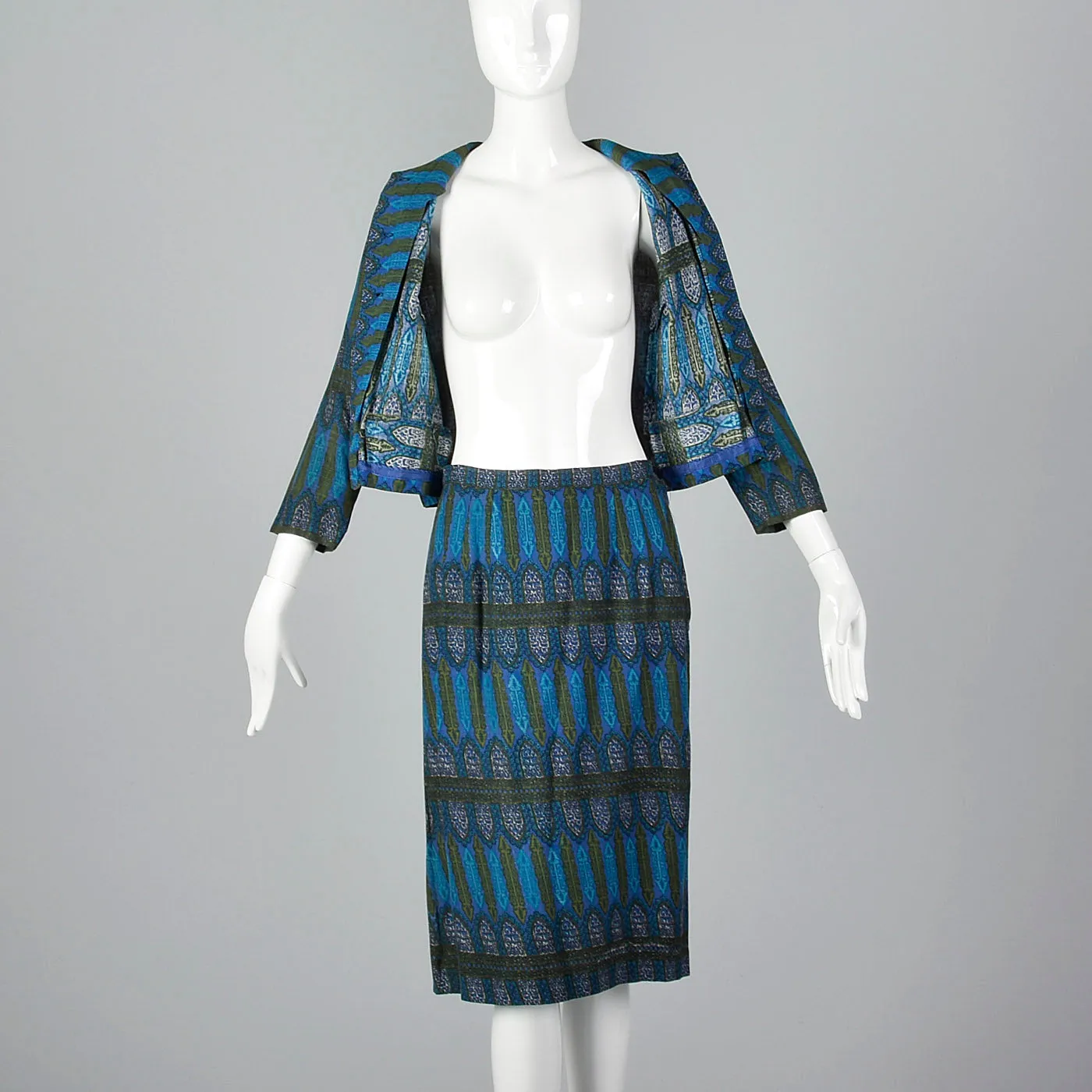 1960s Blue Printed Jacket with Matching Skirt