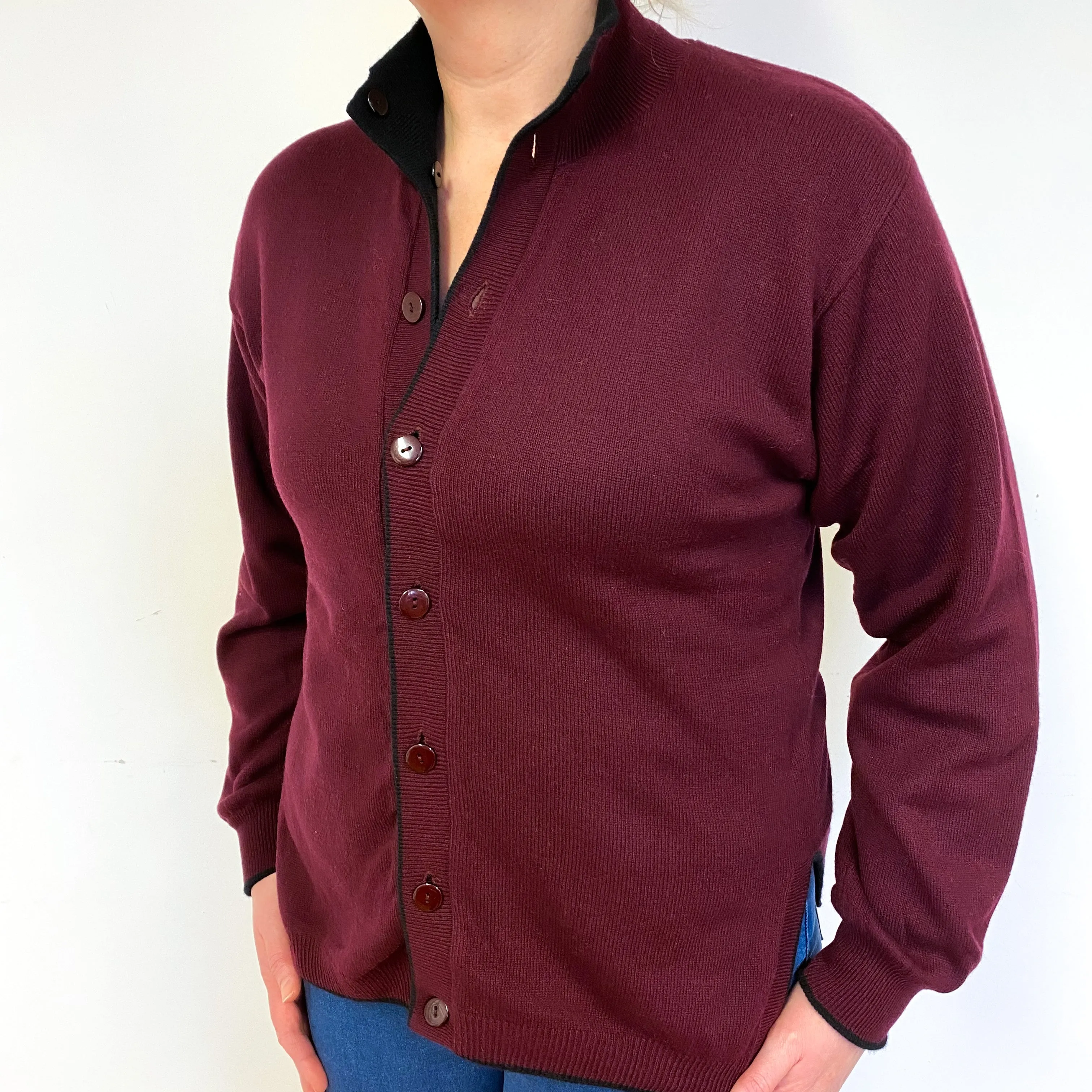 Black Burgundy Reversible Cashmere Cardigan Large