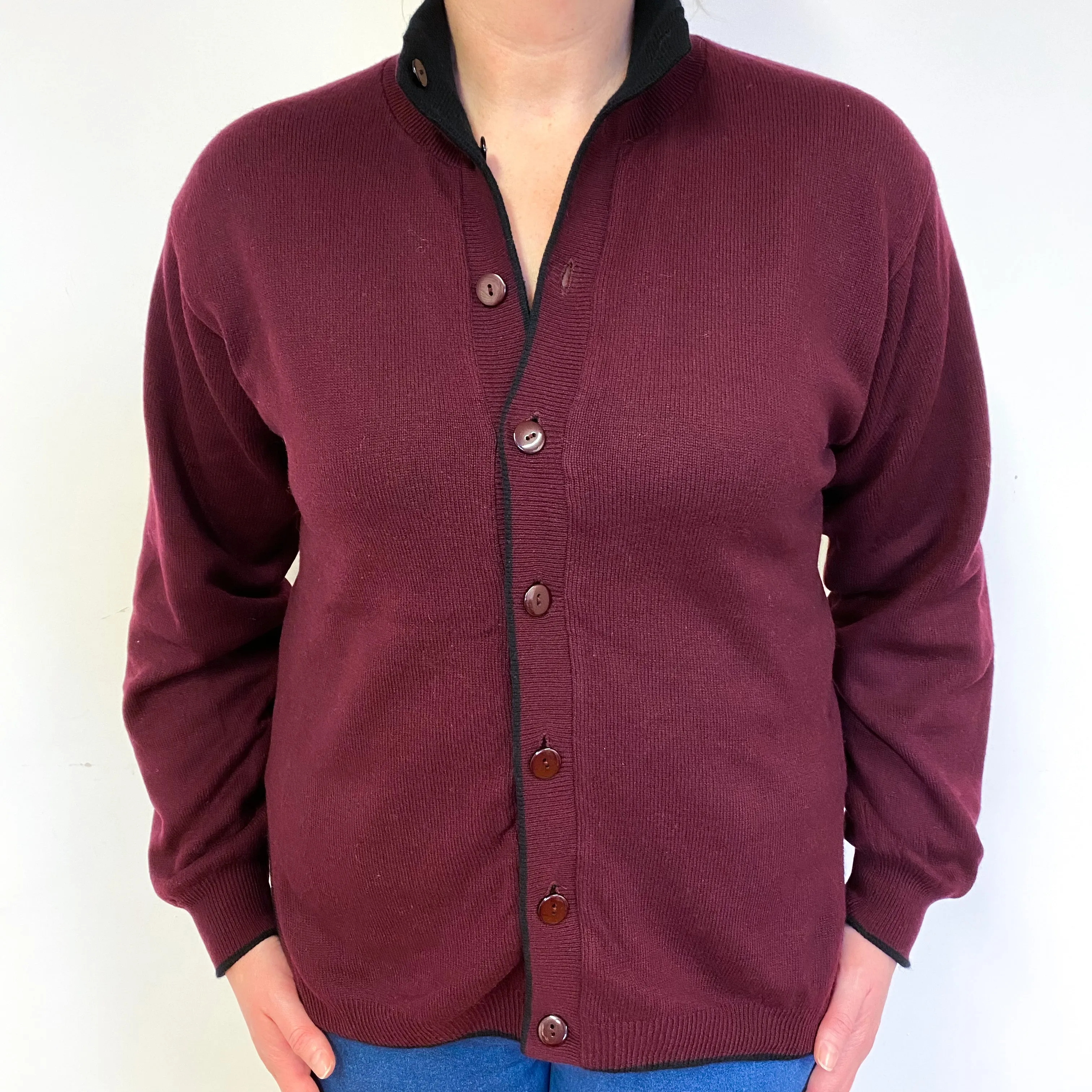 Black Burgundy Reversible Cashmere Cardigan Large