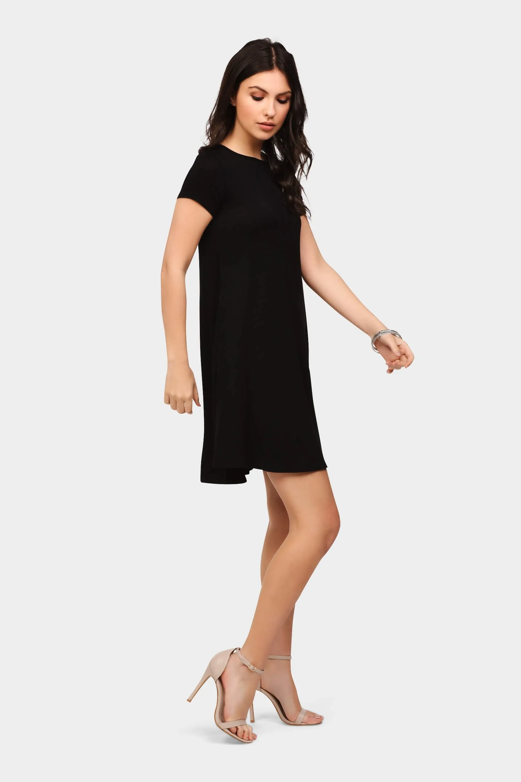 Black Cap Sleeve Swing Mini Dress