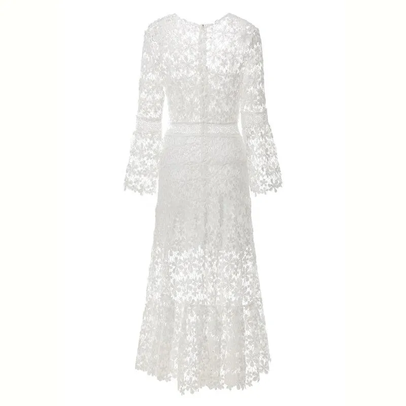 Chic Backless Midi Dress with Flare Sleeves | Women's Sophisticated V-Neck High Waist Fashion
