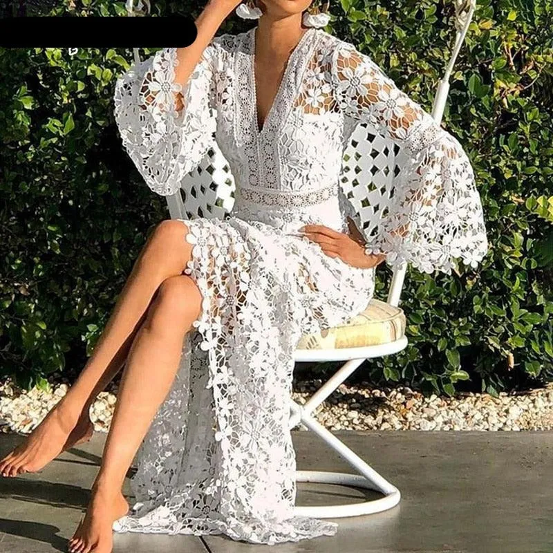 Chic Backless Midi Dress with Flare Sleeves | Women's Sophisticated V-Neck High Waist Fashion