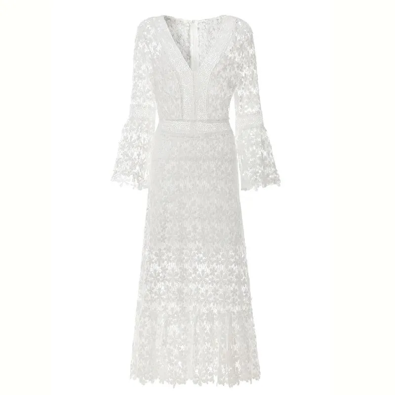 Chic Backless Midi Dress with Flare Sleeves | Women's Sophisticated V-Neck High Waist Fashion