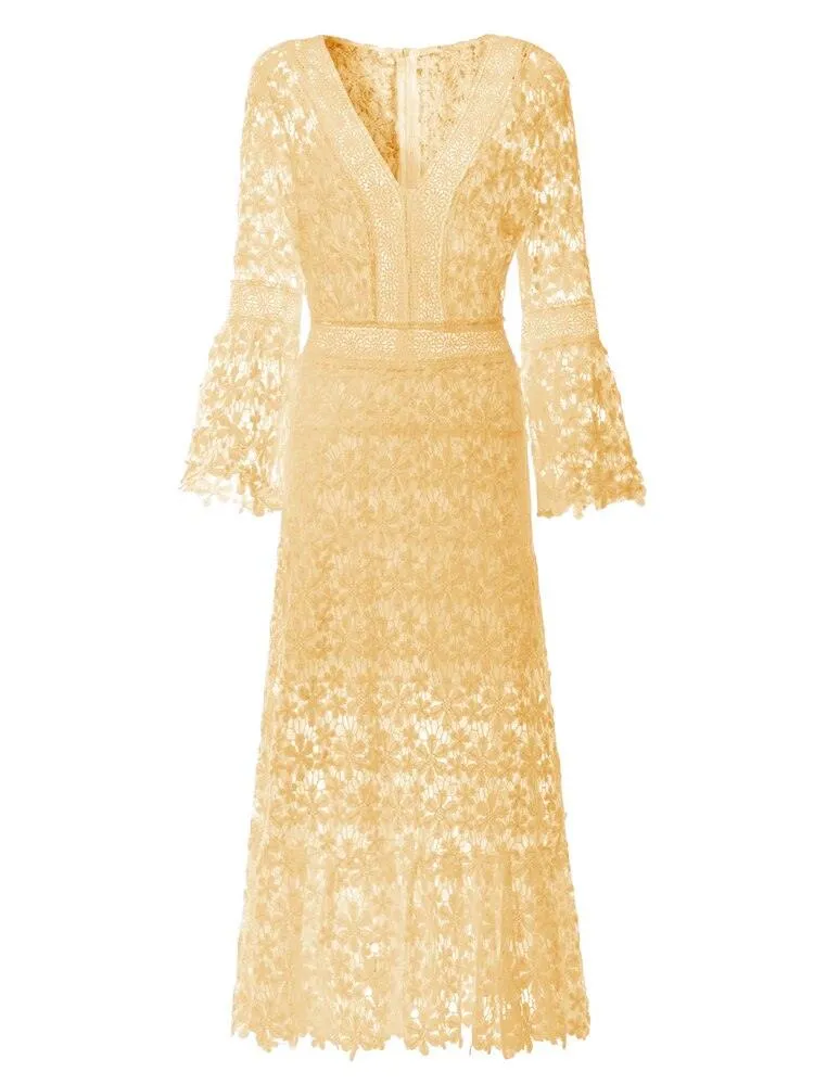 Chic Backless Midi Dress with Flare Sleeves | Women's Sophisticated V-Neck High Waist Fashion