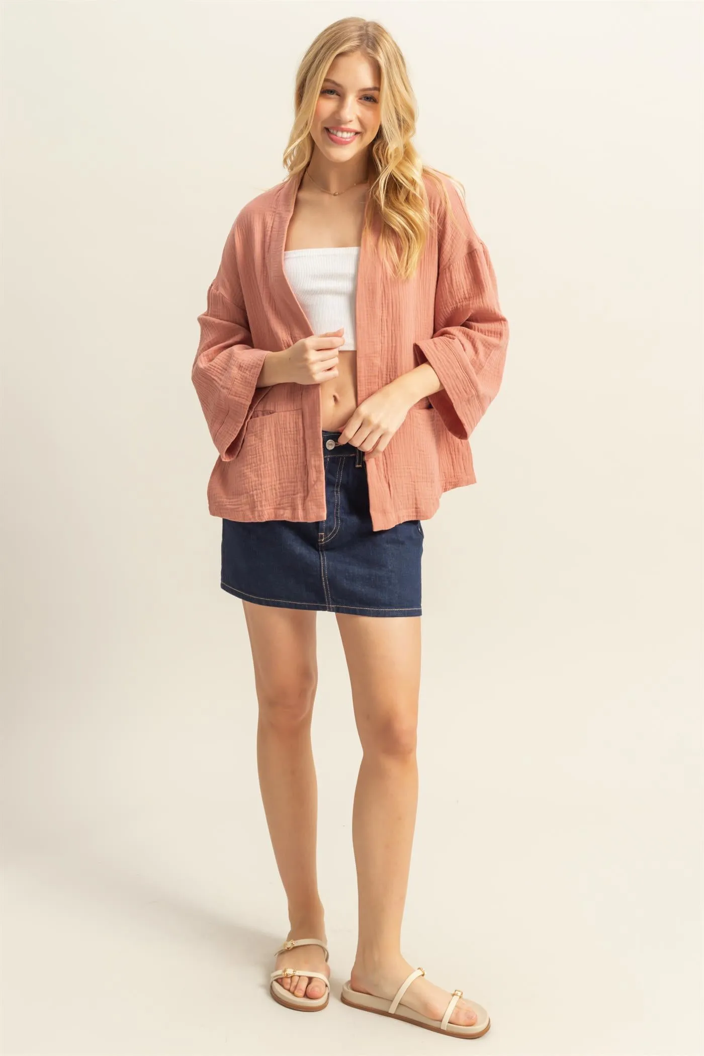 HF25C627-Double Gauze Front Open Pocket Cardigan