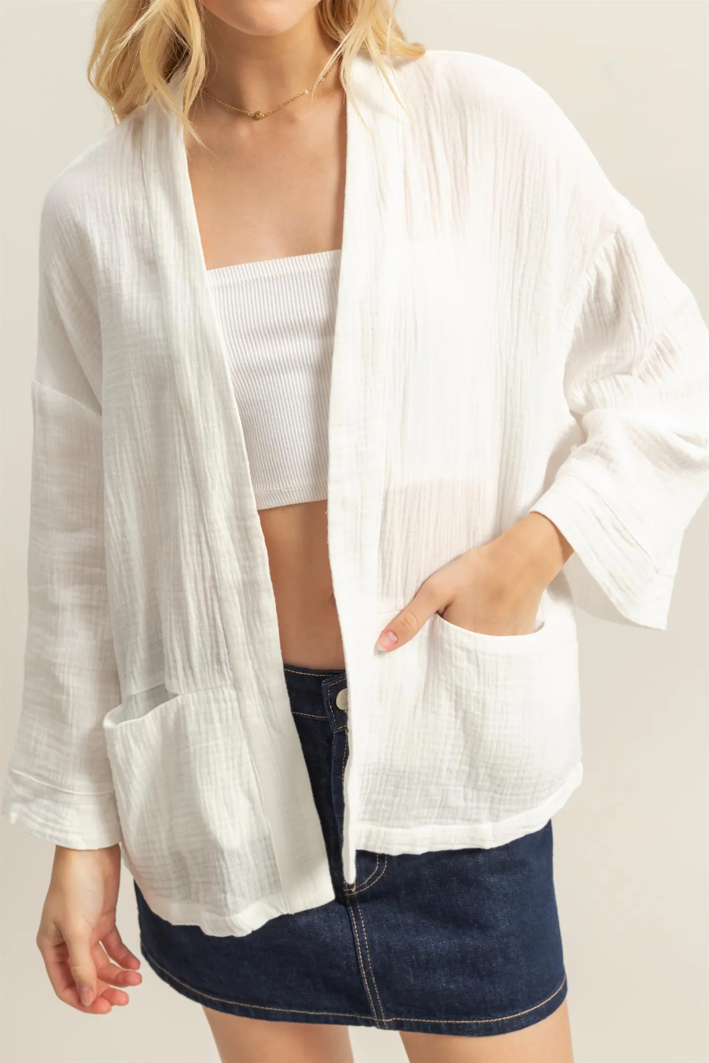 HF25C627-Double Gauze Front Open Pocket Cardigan