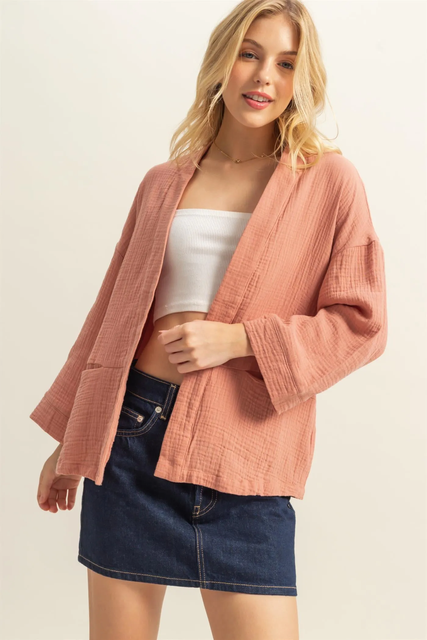 HF25C627-Double Gauze Front Open Pocket Cardigan
