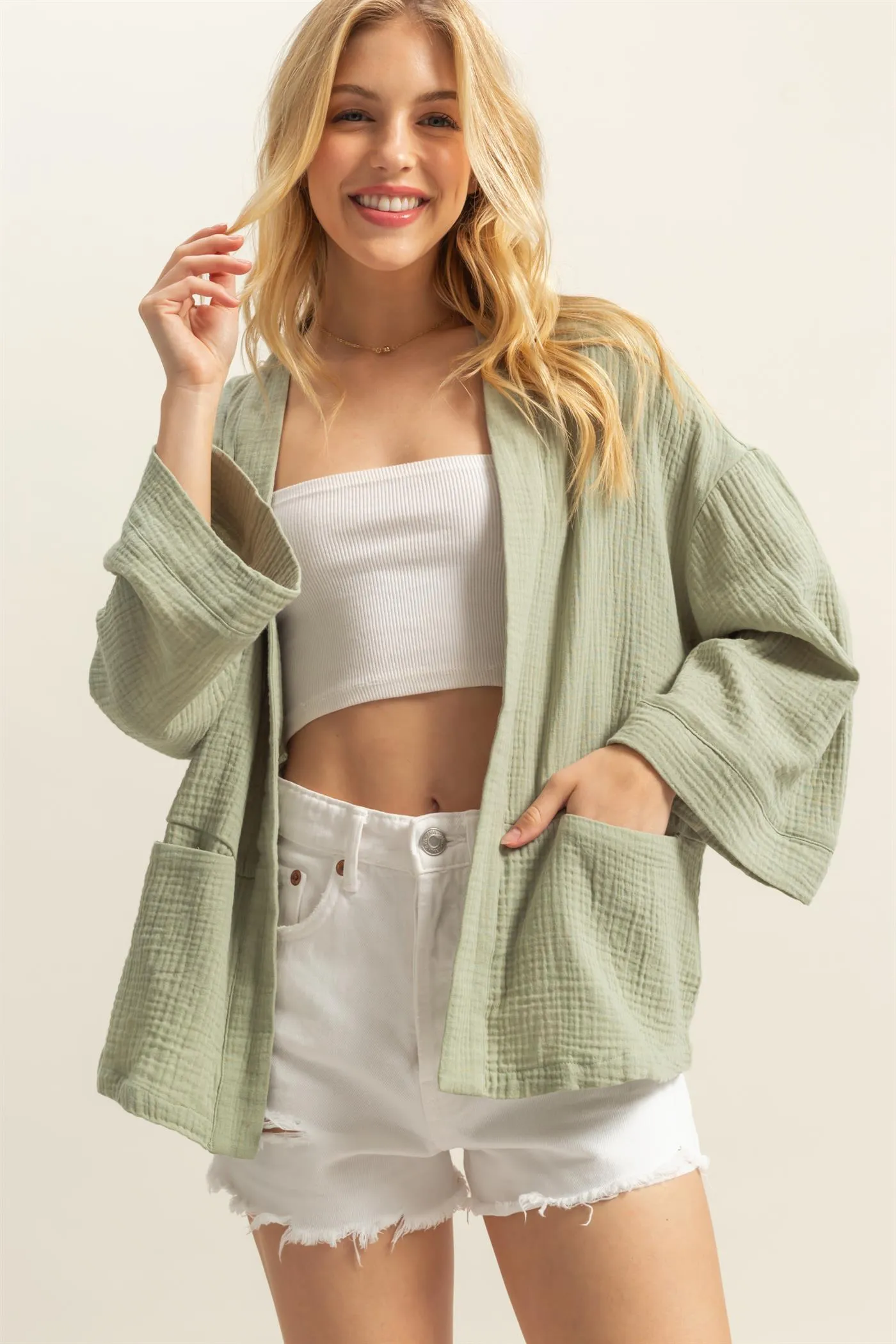 HF25C627-Double Gauze Front Open Pocket Cardigan