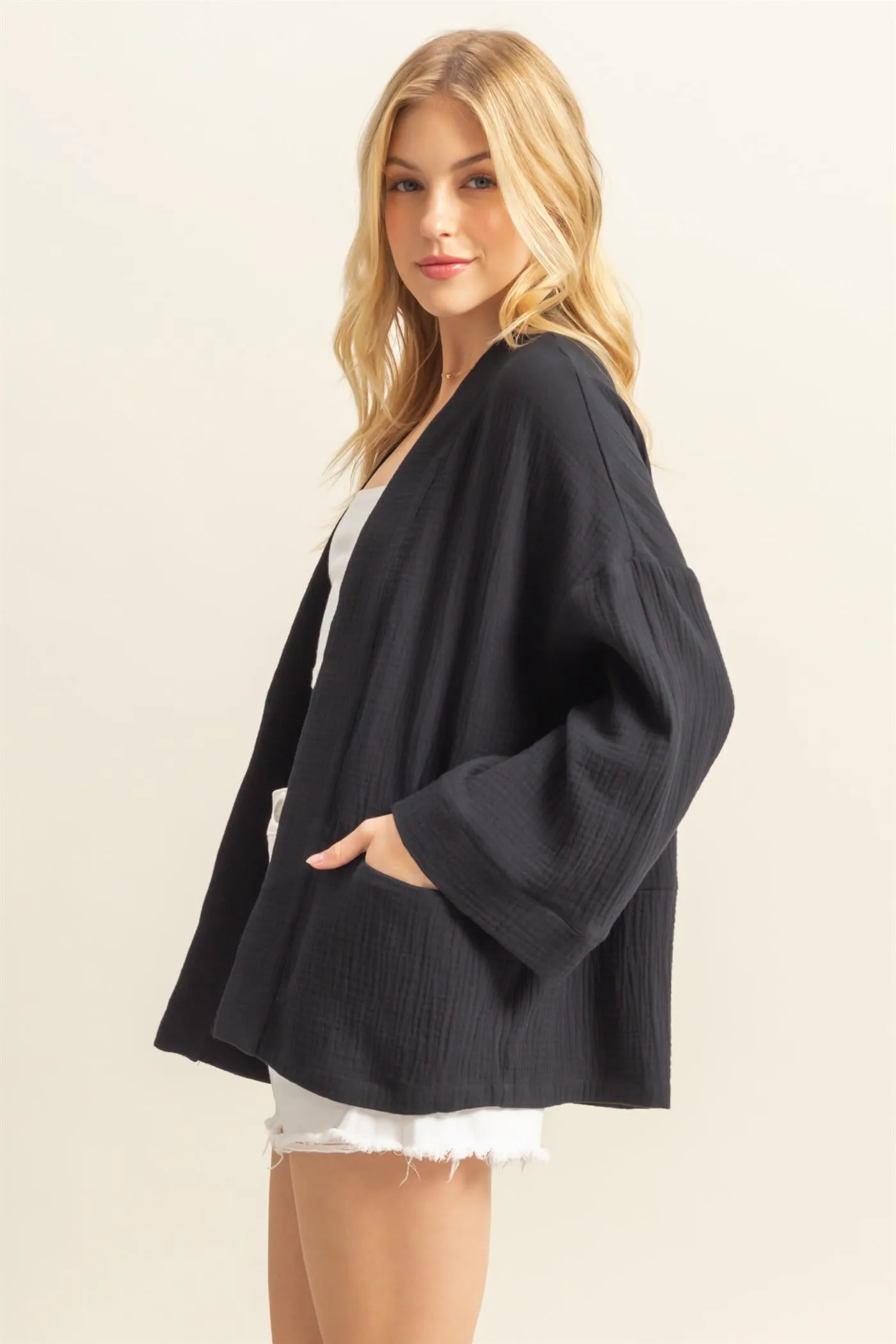 HF25C627-Double Gauze Front Open Pocket Cardigan