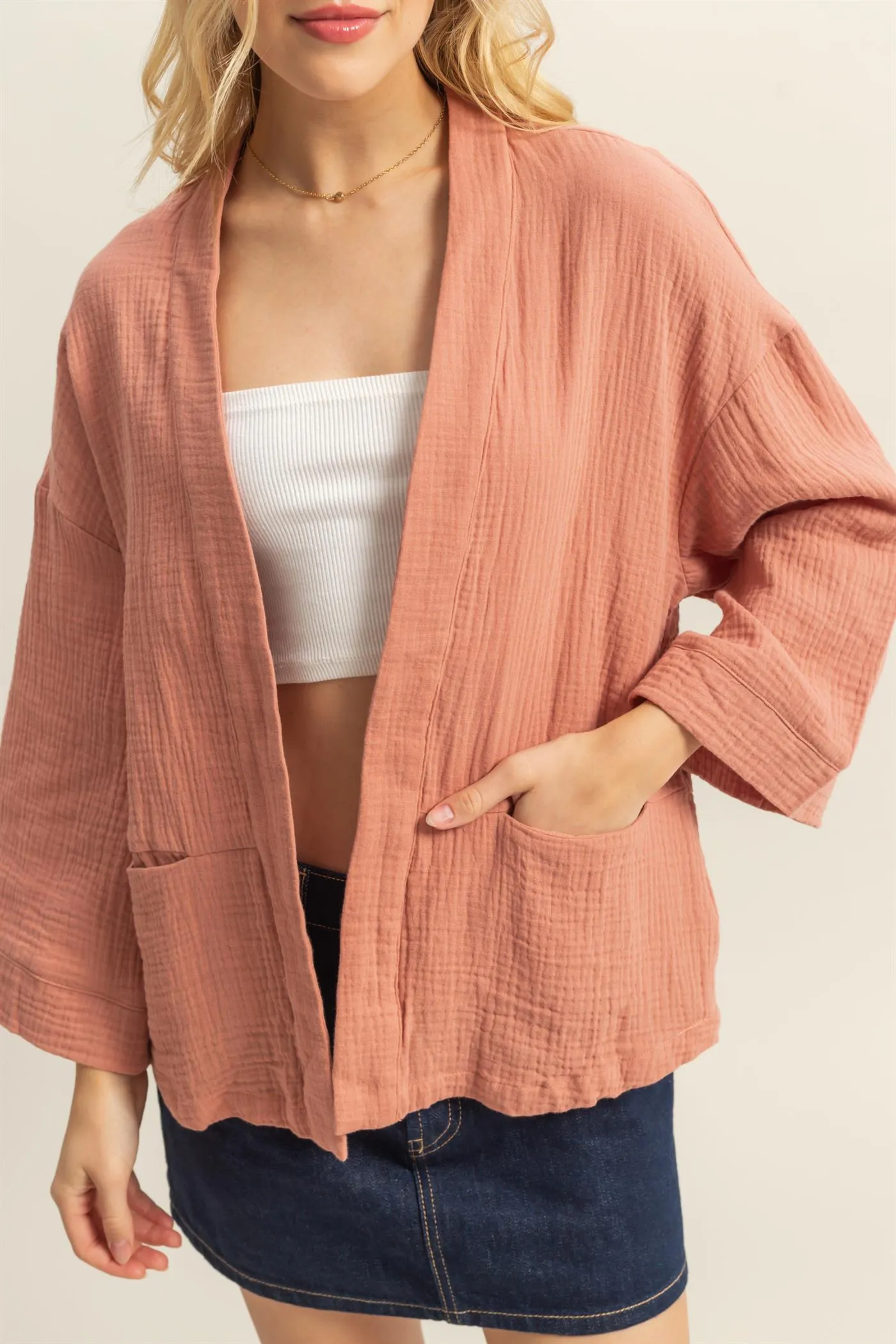 HF25C627-Double Gauze Front Open Pocket Cardigan
