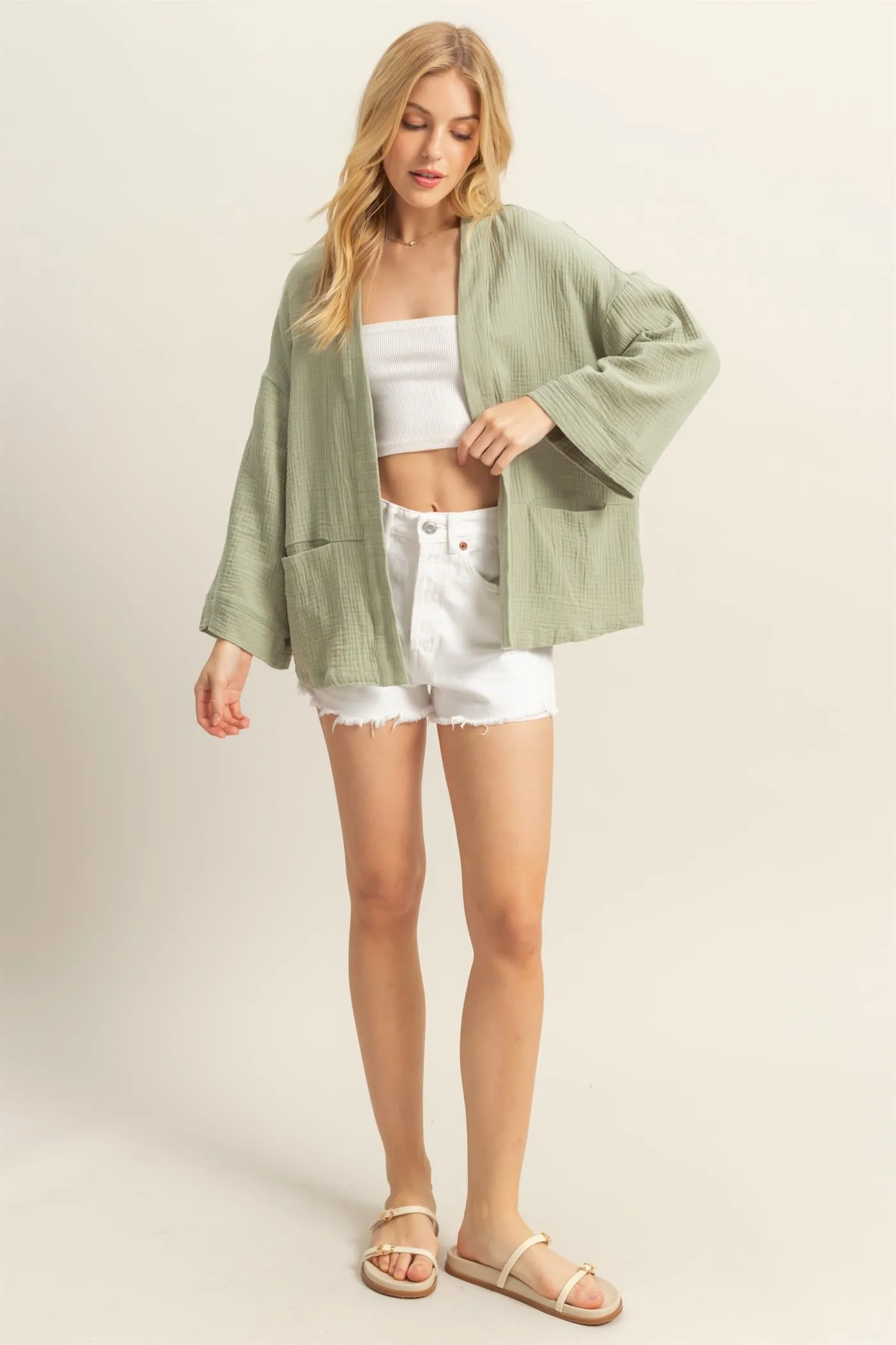 HF25C627-Double Gauze Front Open Pocket Cardigan