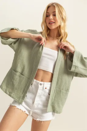HF25C627-Double Gauze Front Open Pocket Cardigan