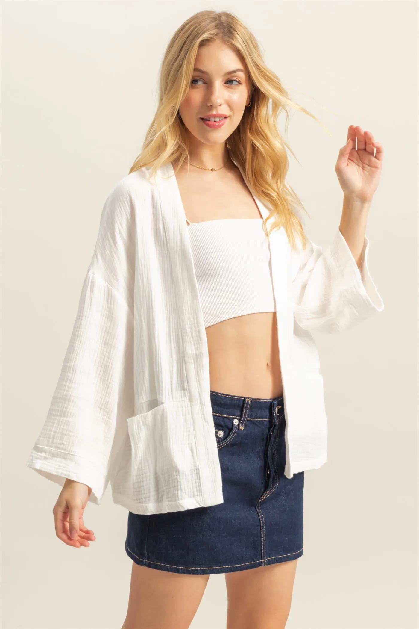 HF25C627-Double Gauze Front Open Pocket Cardigan