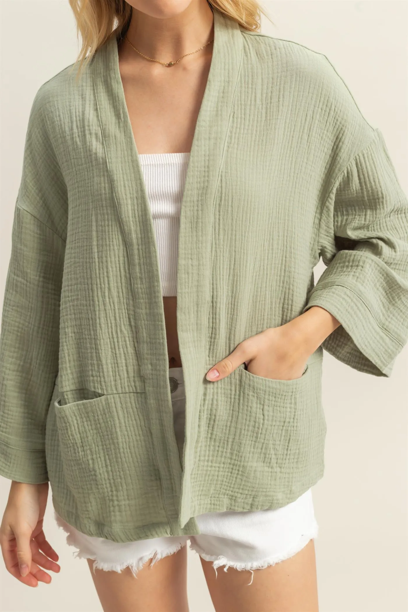 HF25C627-Double Gauze Front Open Pocket Cardigan