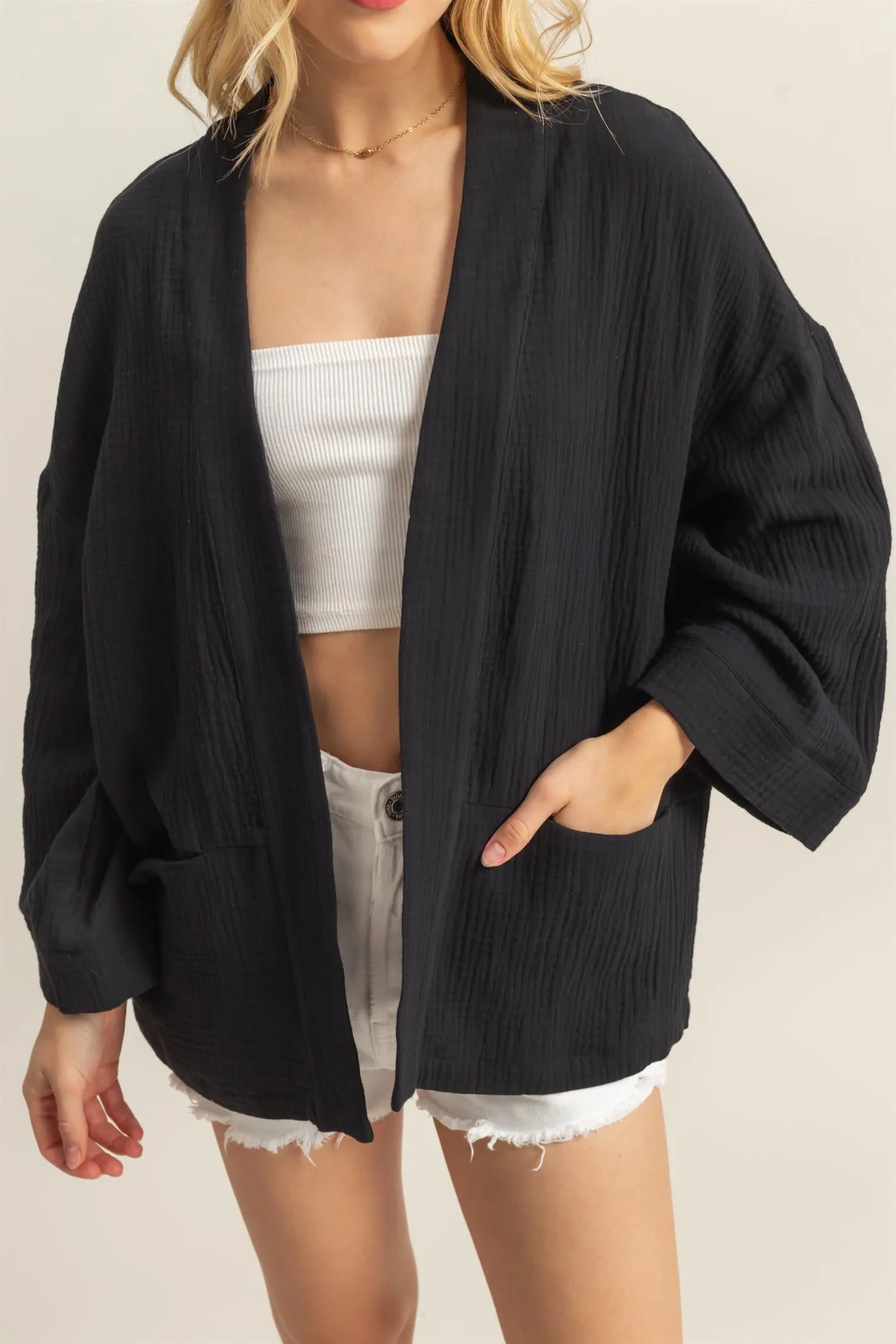 HF25C627-Double Gauze Front Open Pocket Cardigan