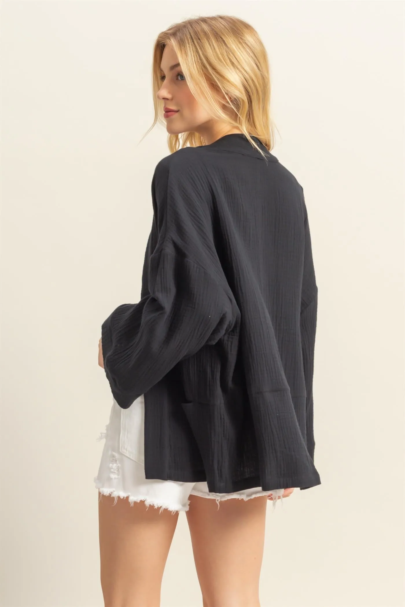 HF25C627-Double Gauze Front Open Pocket Cardigan