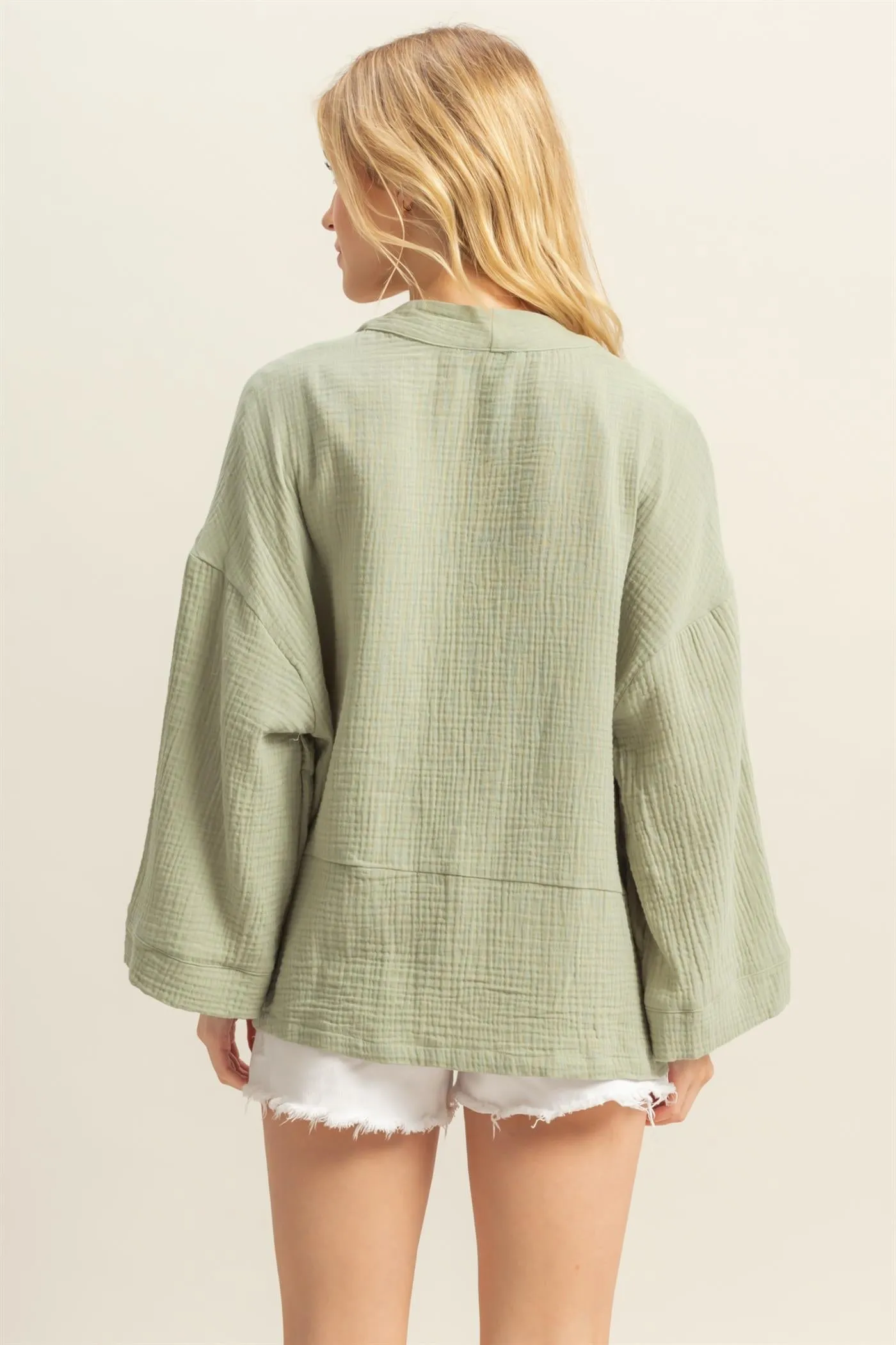 HF25C627-Double Gauze Front Open Pocket Cardigan