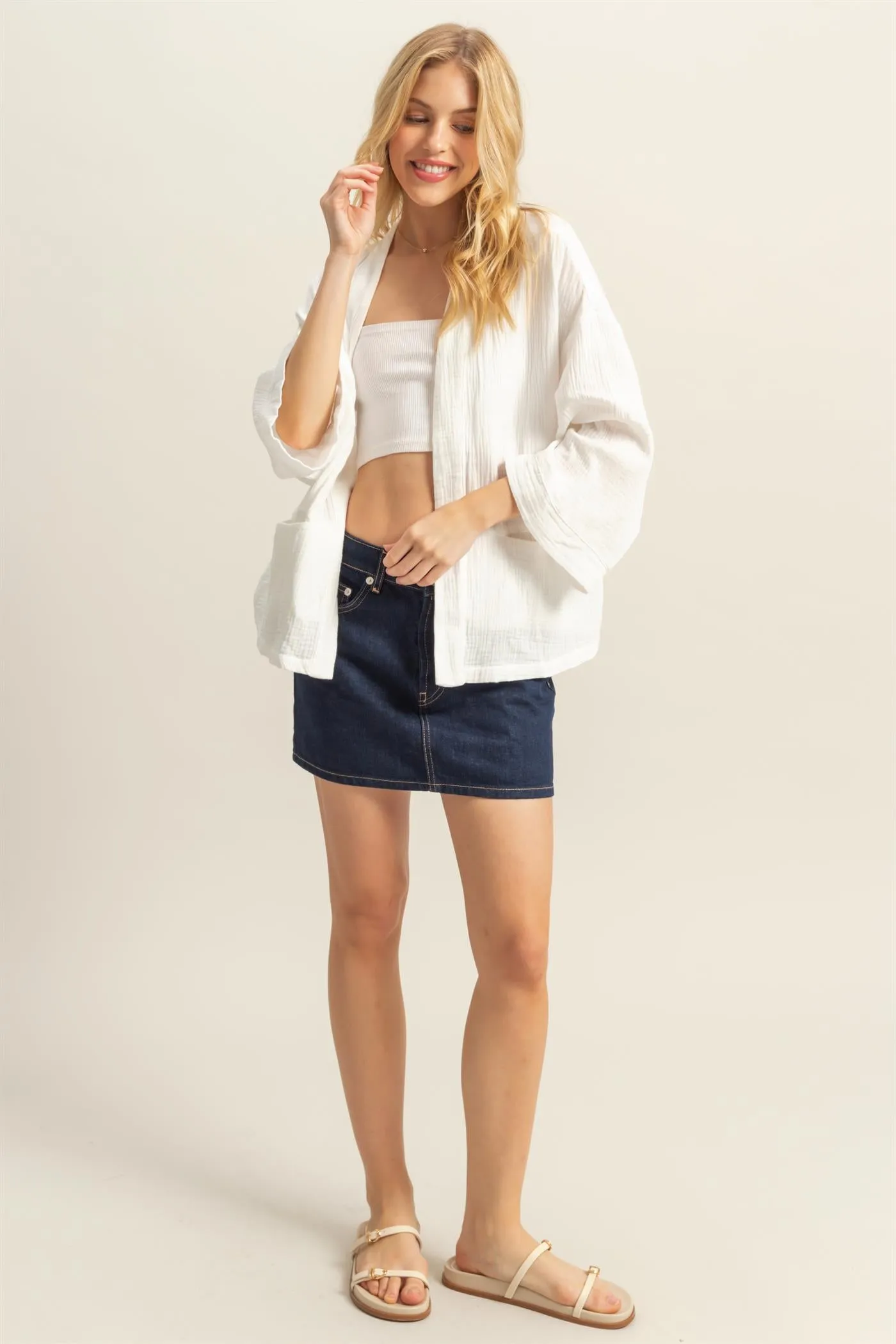 HF25C627-Double Gauze Front Open Pocket Cardigan