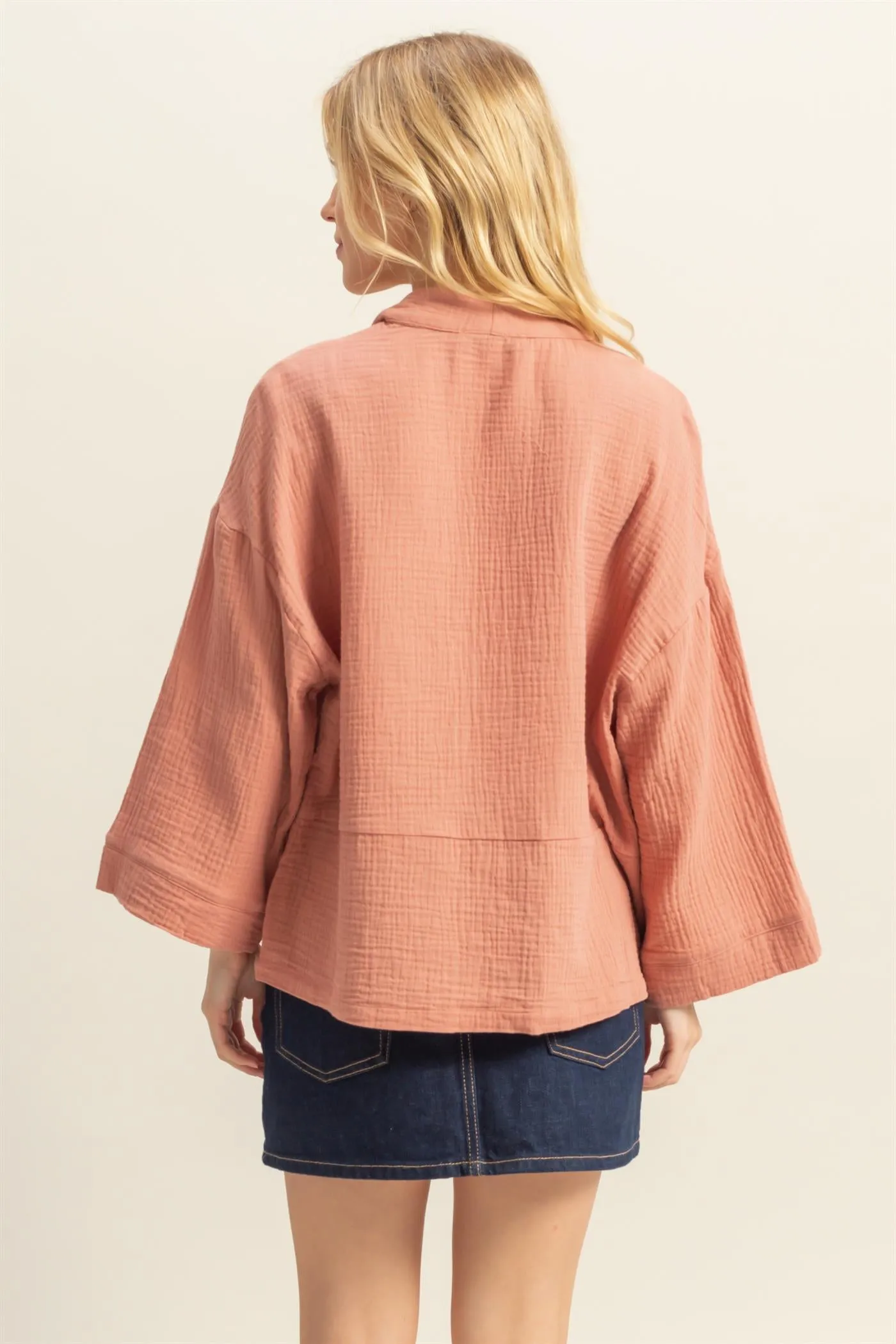 HF25C627-Double Gauze Front Open Pocket Cardigan