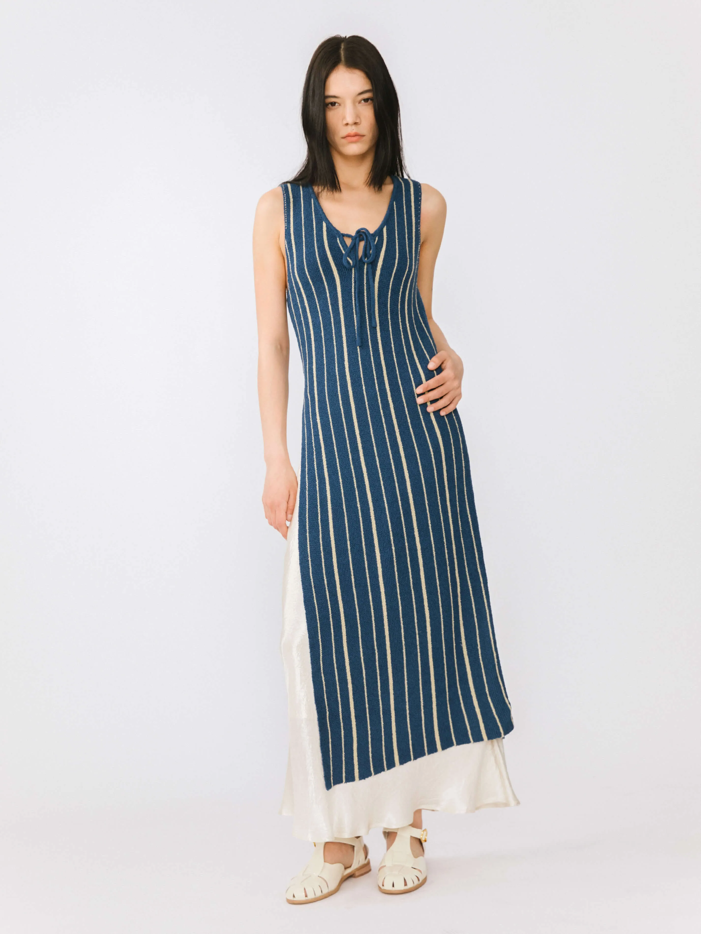 High Slit Striped Knit Sleeveless Dress