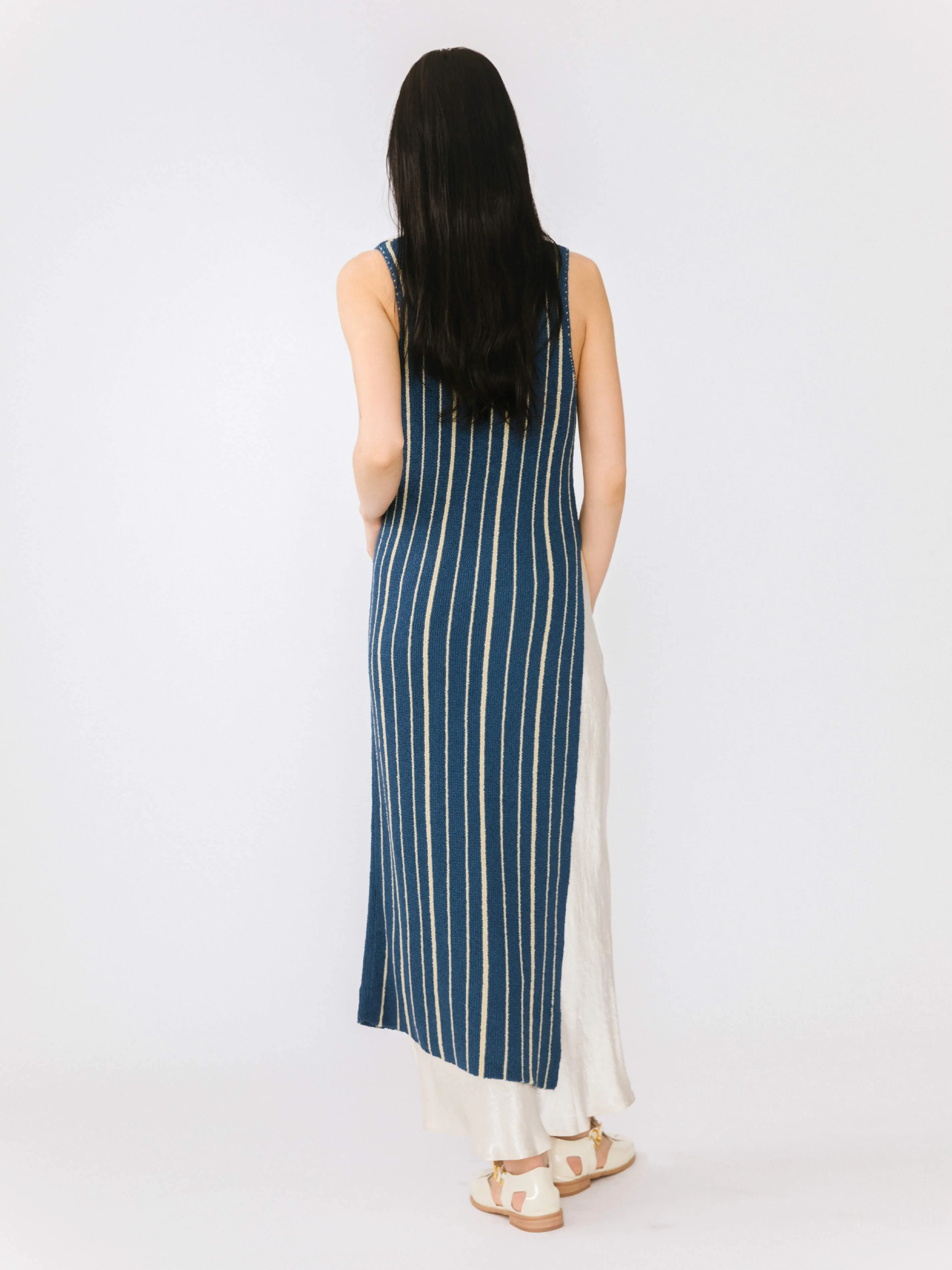 High Slit Striped Knit Sleeveless Dress