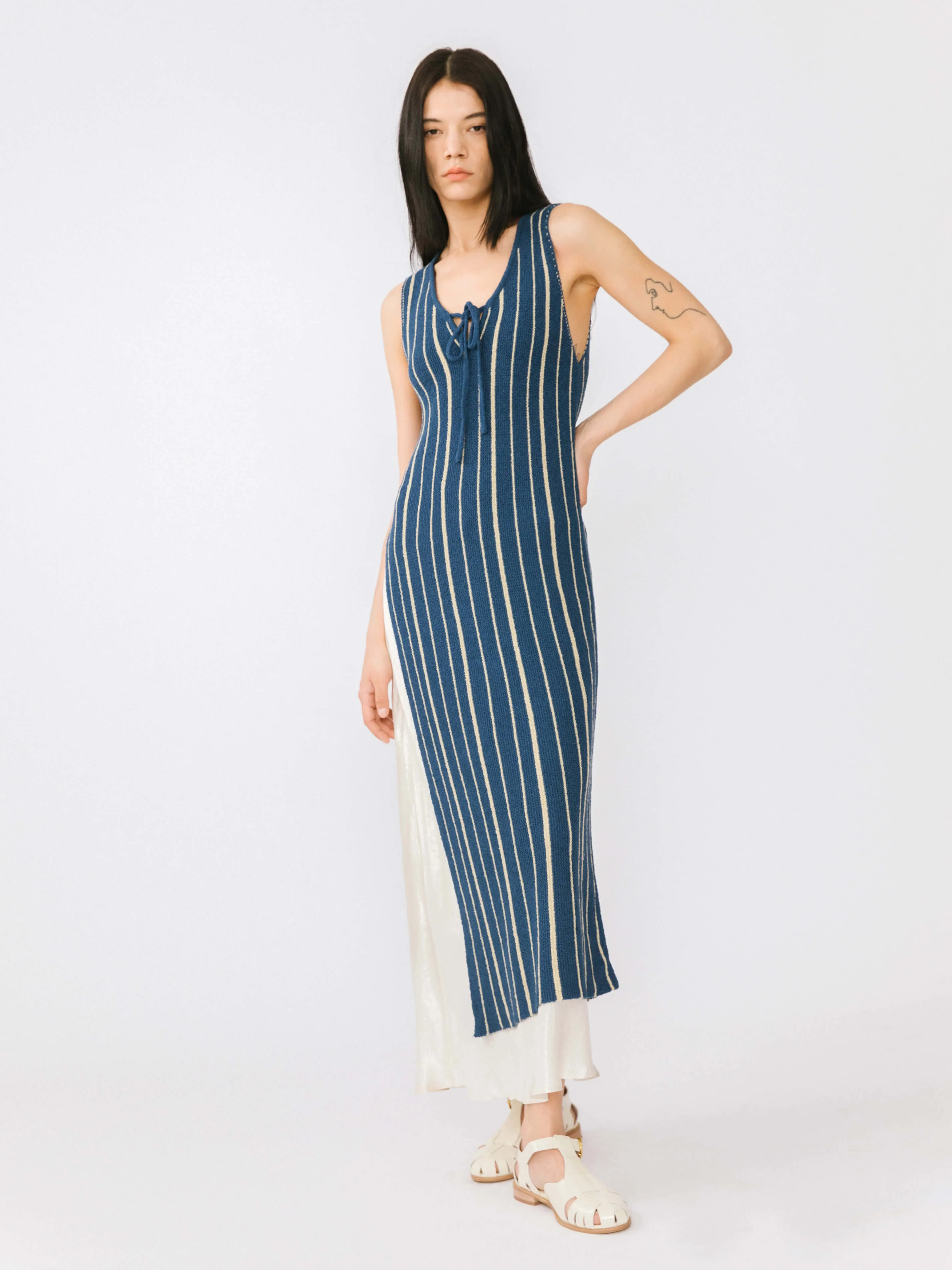 High Slit Striped Knit Sleeveless Dress