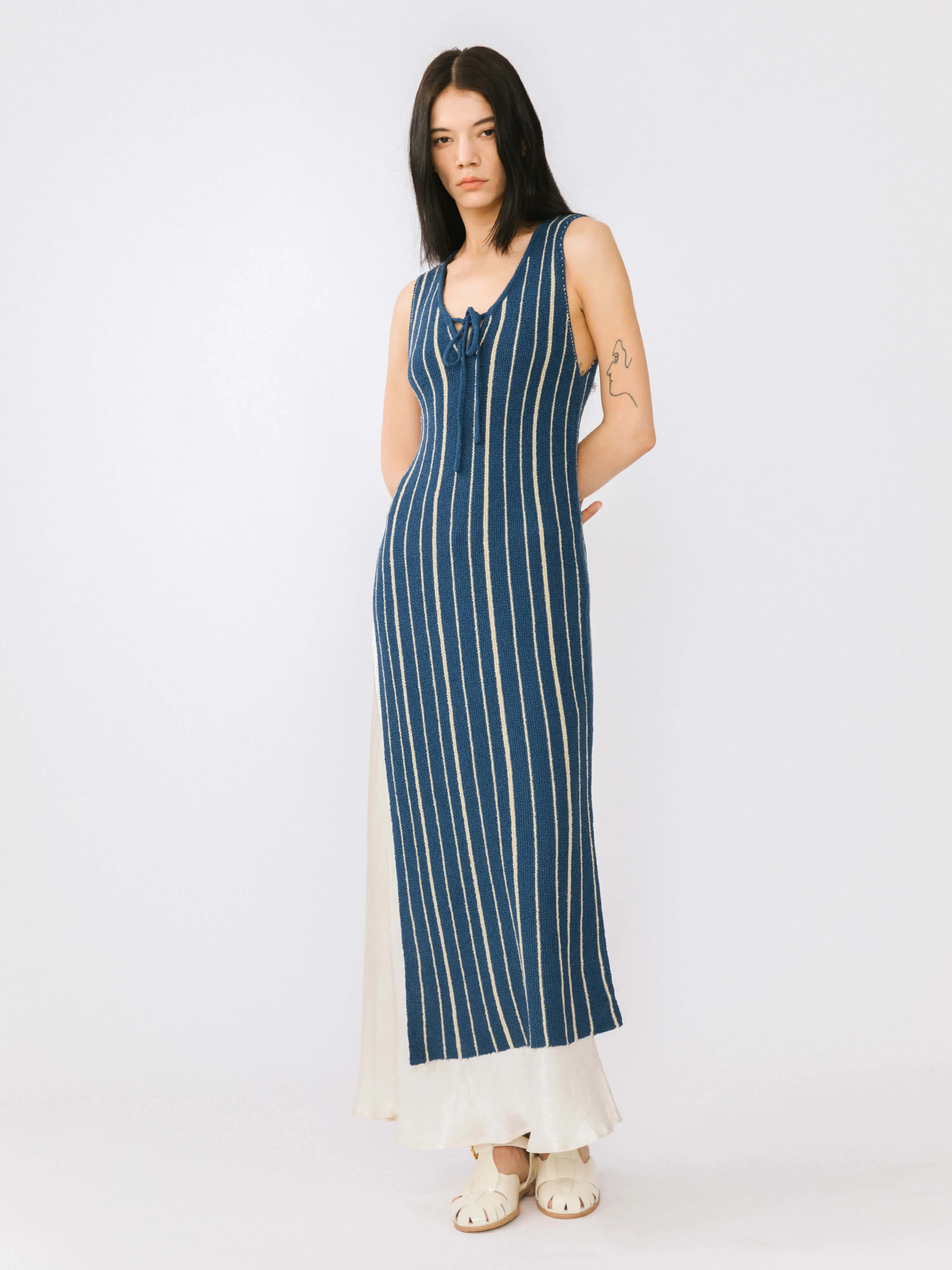 High Slit Striped Knit Sleeveless Dress