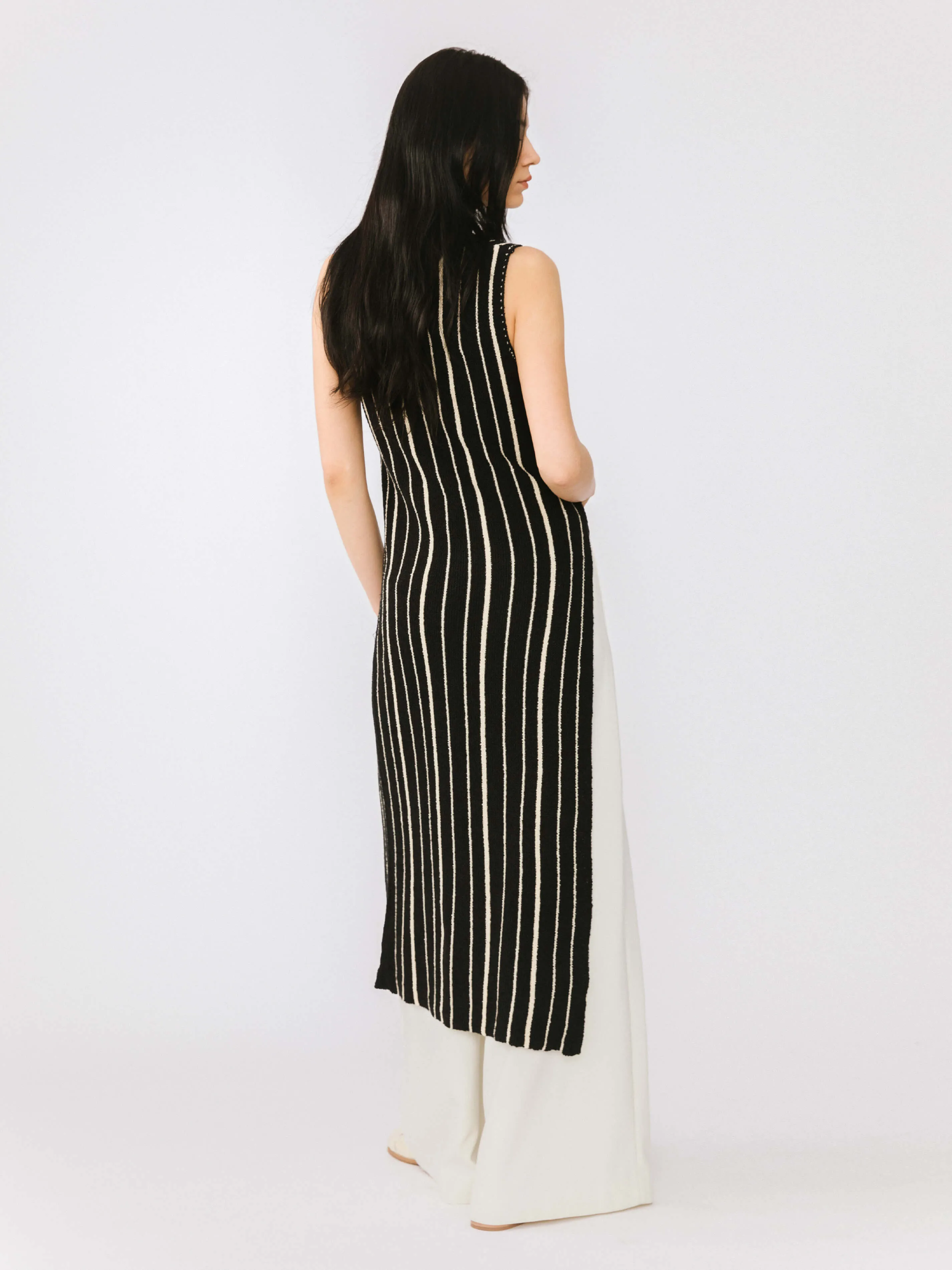 High Slit Striped Knit Sleeveless Dress