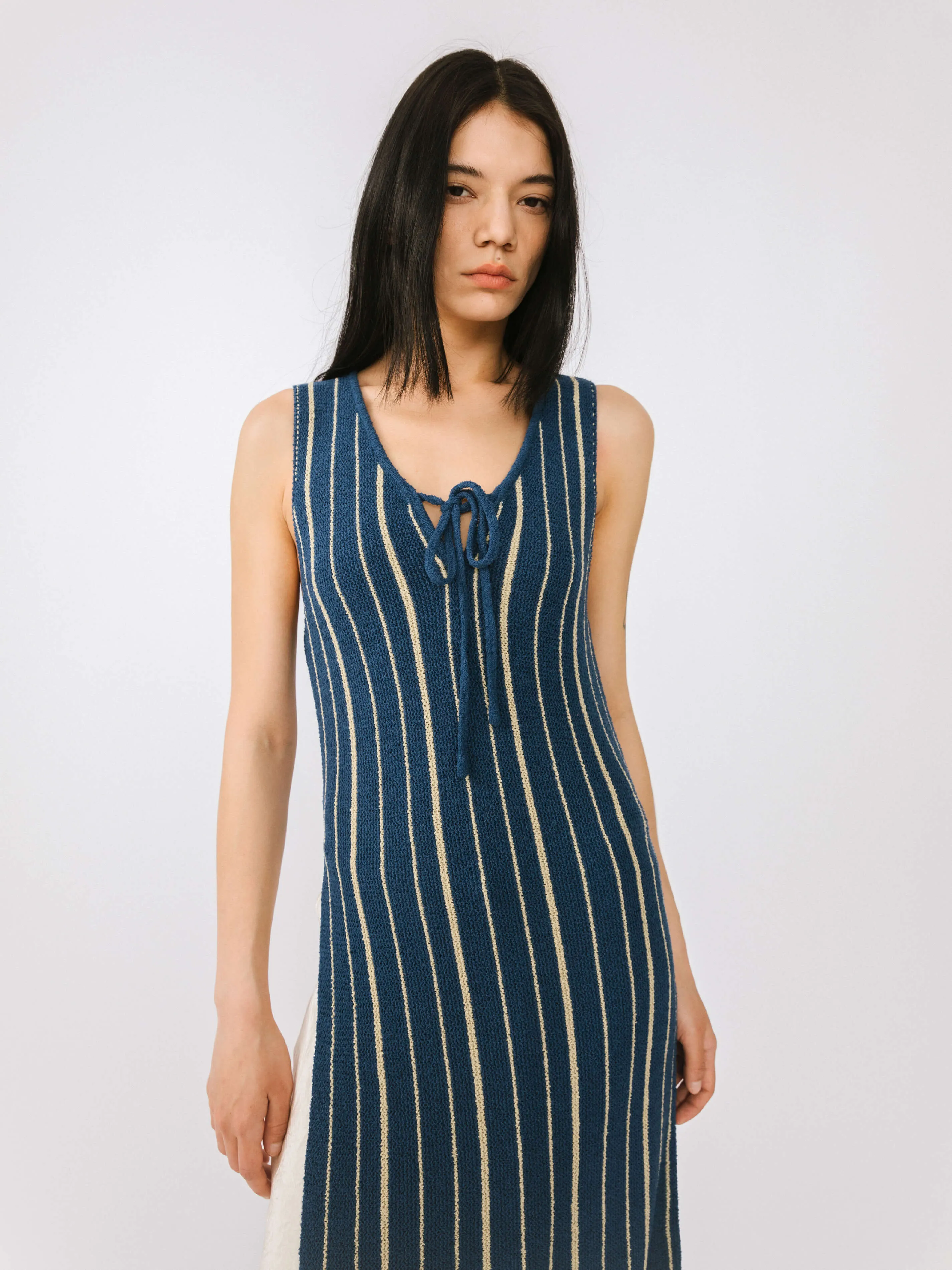 High Slit Striped Knit Sleeveless Dress