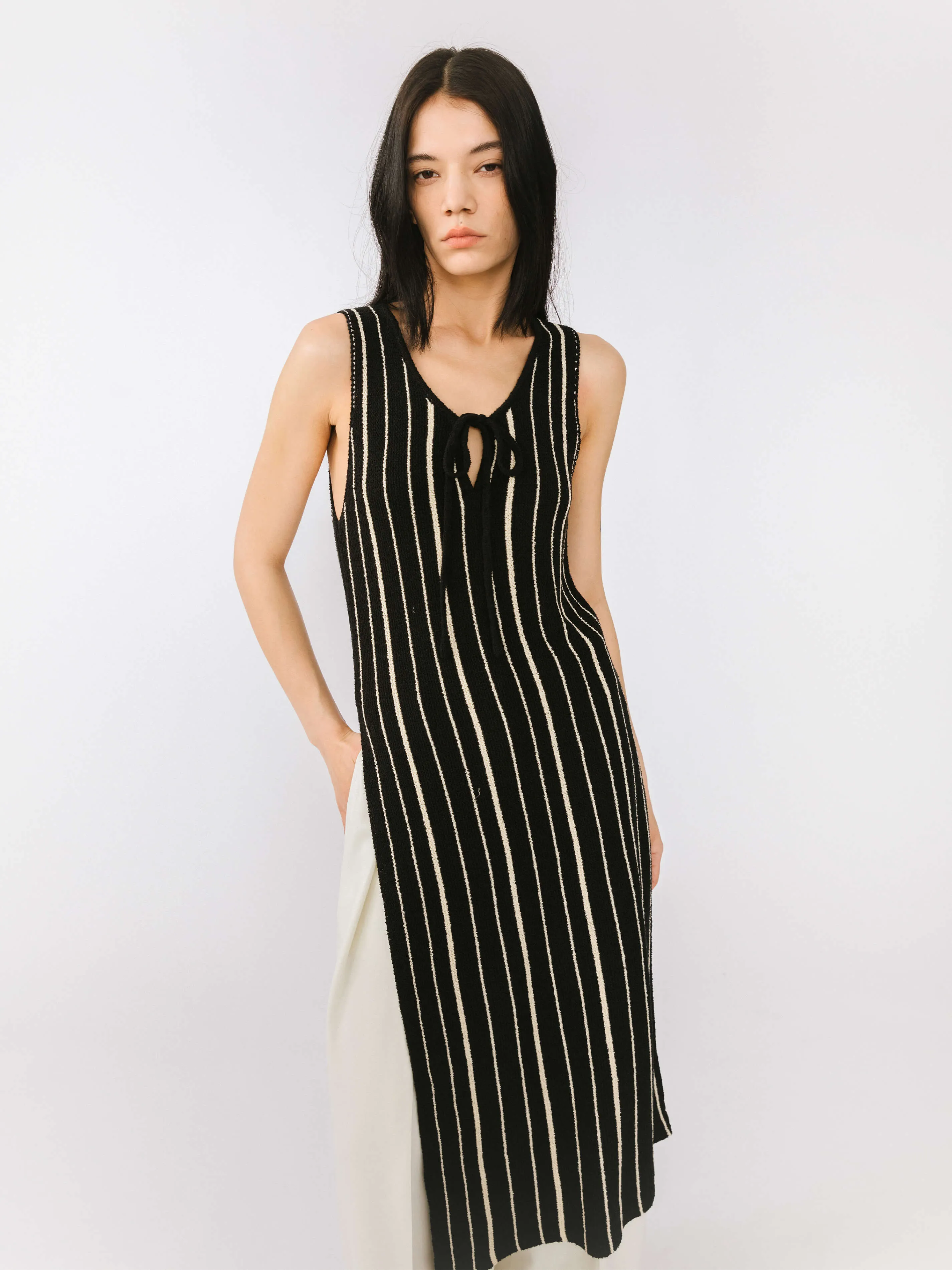 High Slit Striped Knit Sleeveless Dress