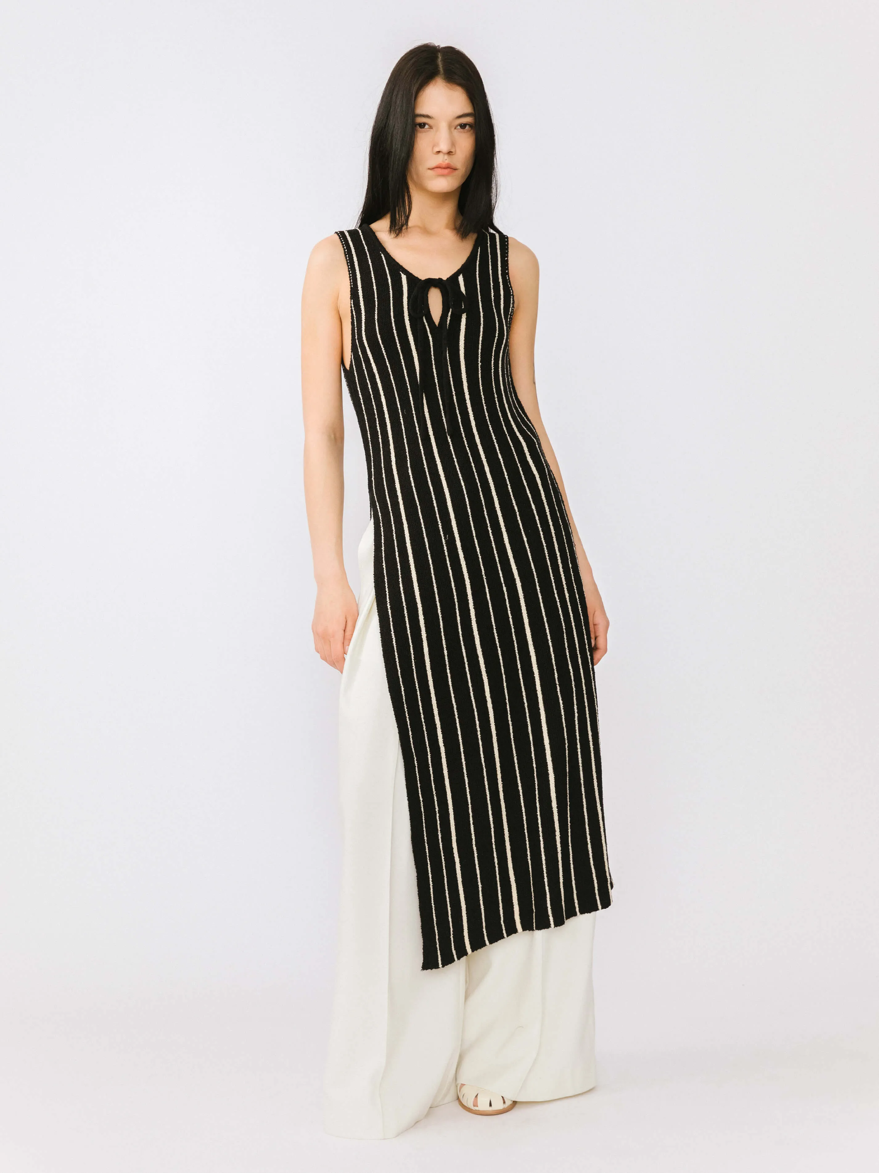 High Slit Striped Knit Sleeveless Dress
