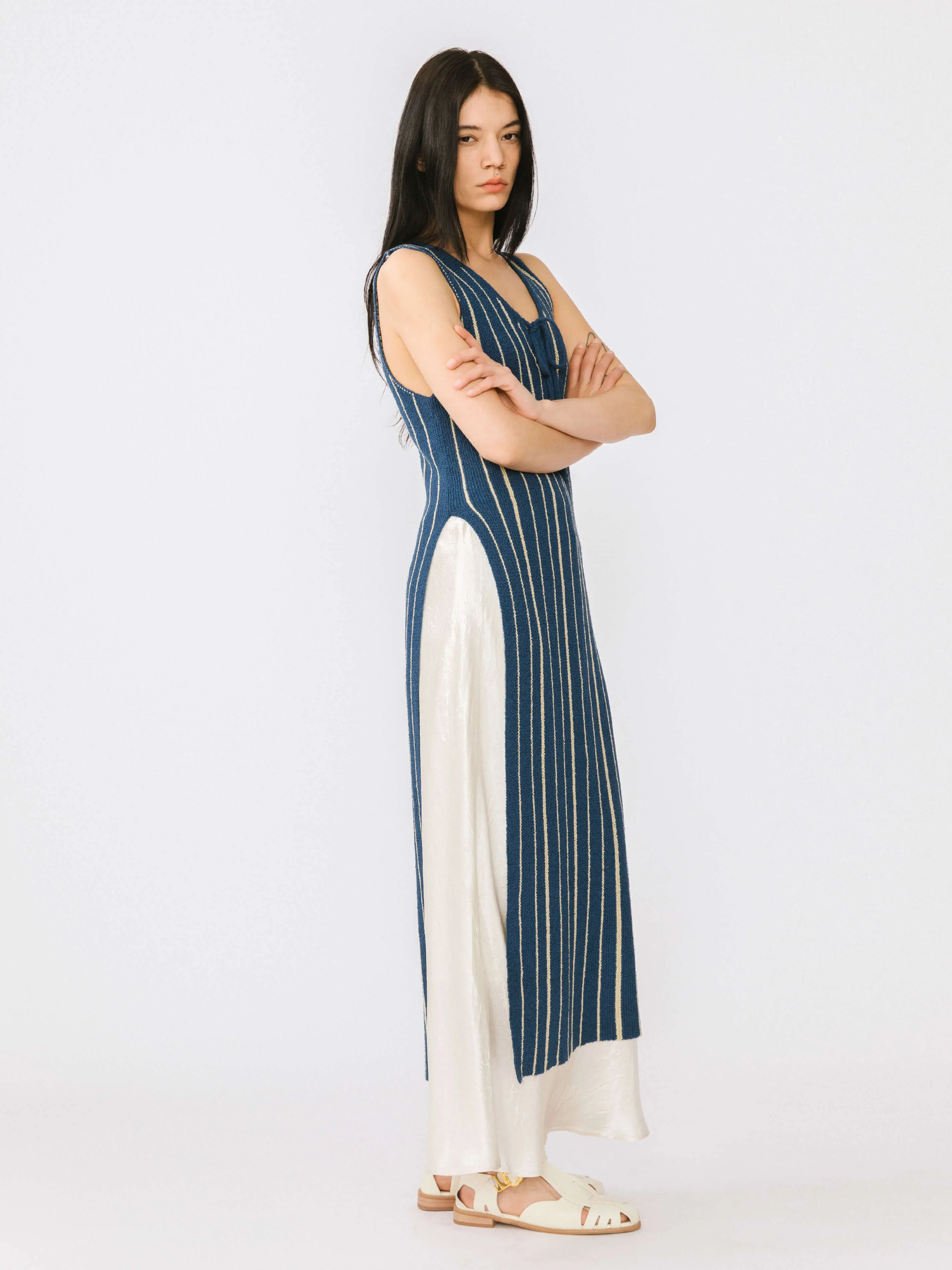 High Slit Striped Knit Sleeveless Dress