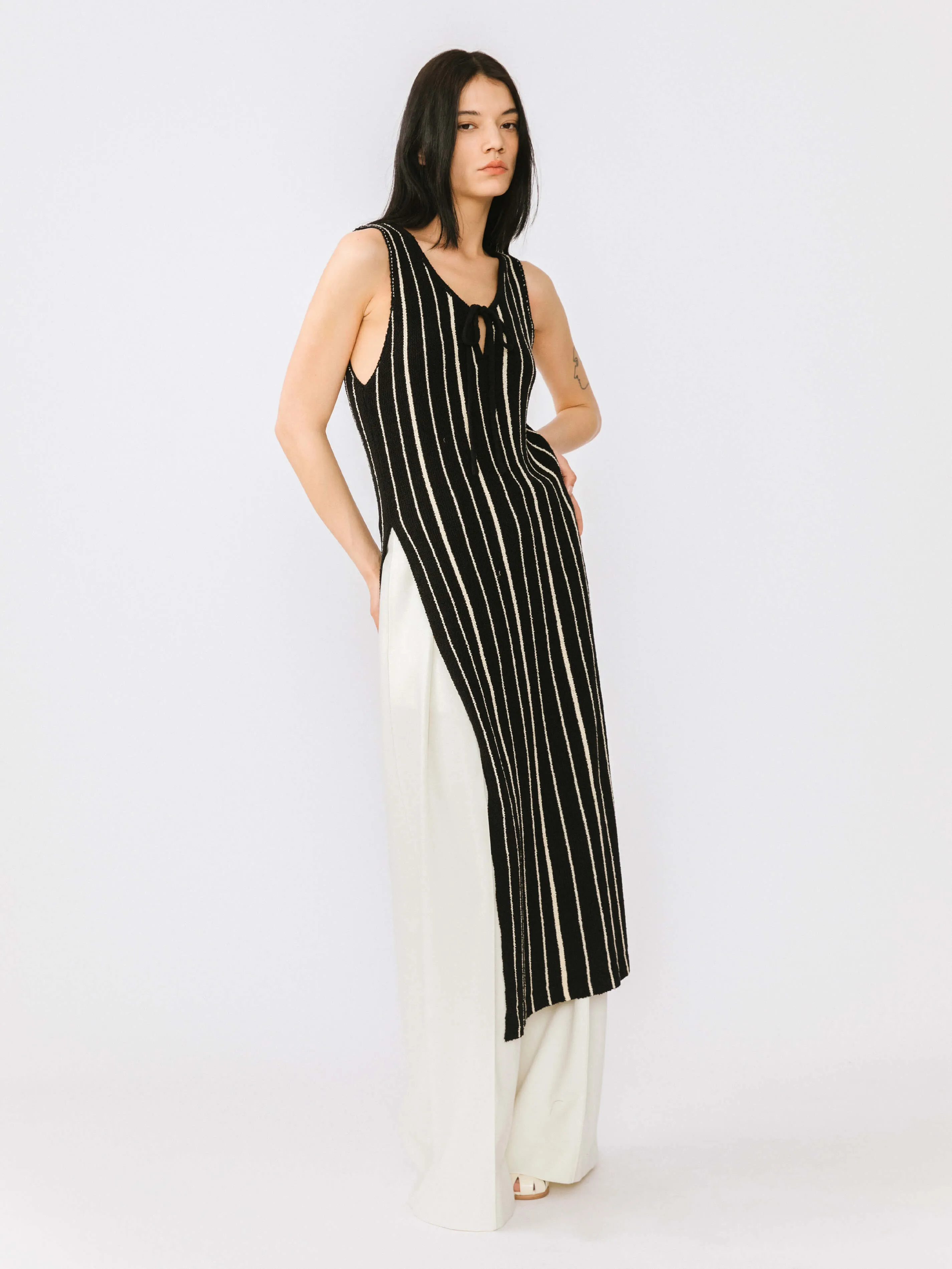 High Slit Striped Knit Sleeveless Dress