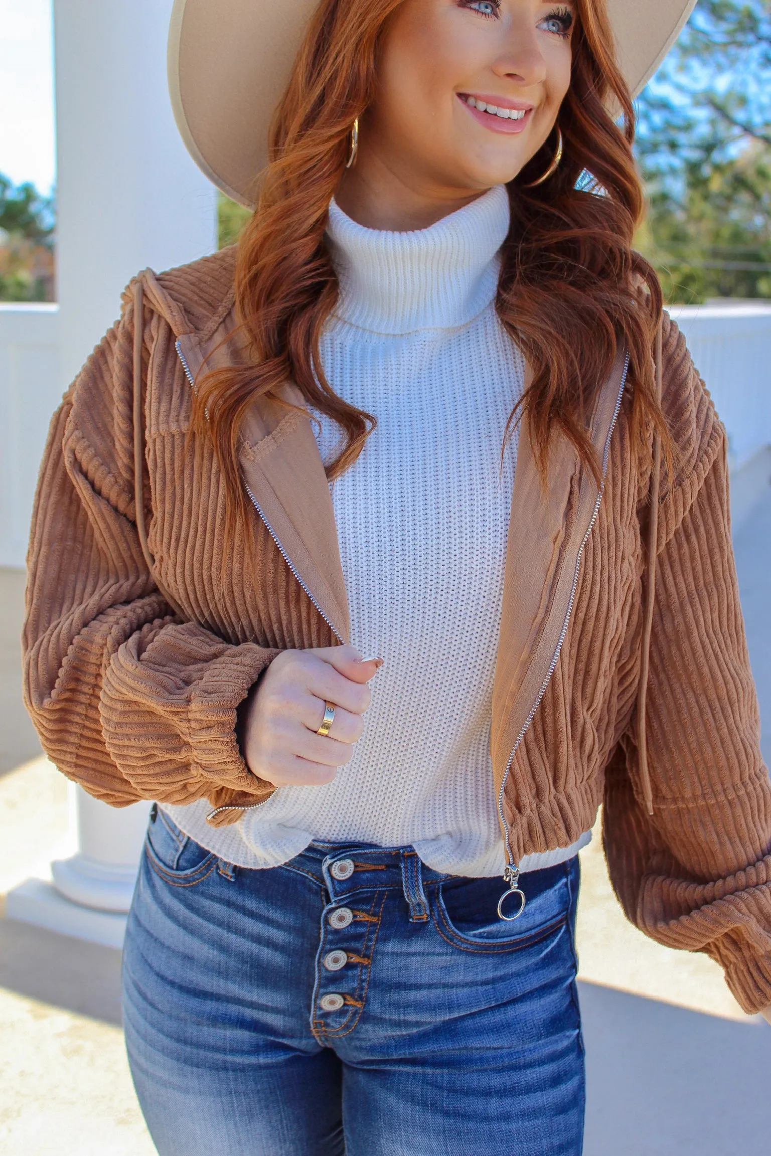 Jessi Corduroy Zip Up Jacket- Camel