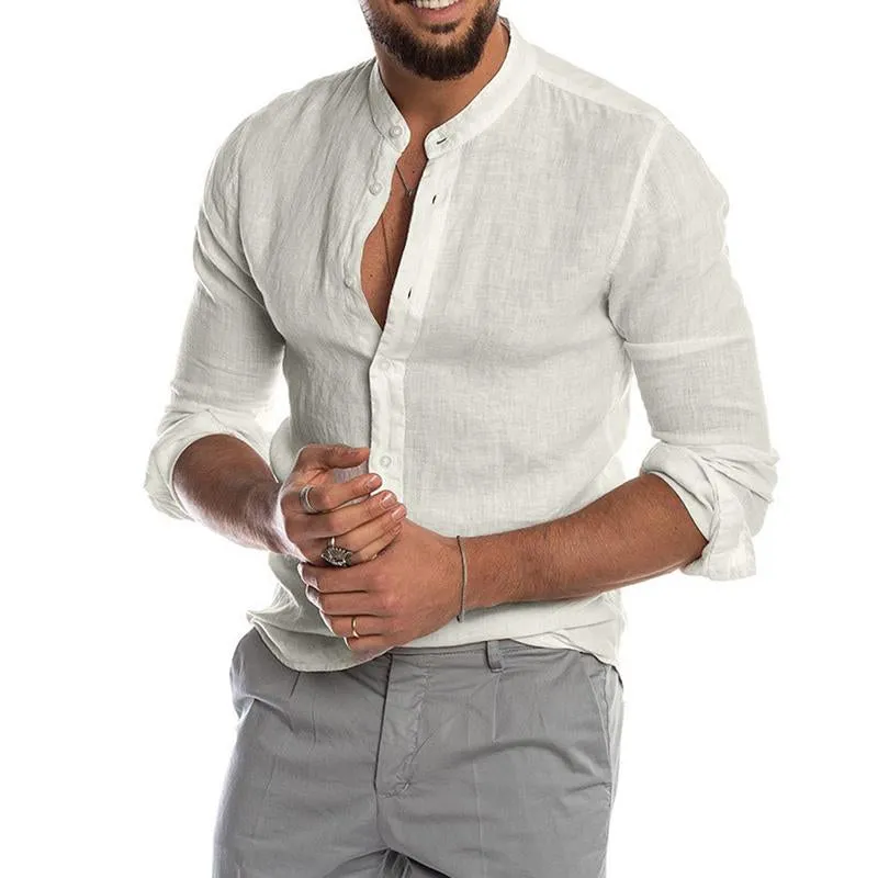 Men'S Linen Button Stand Collar Long Sleeve Shirt
