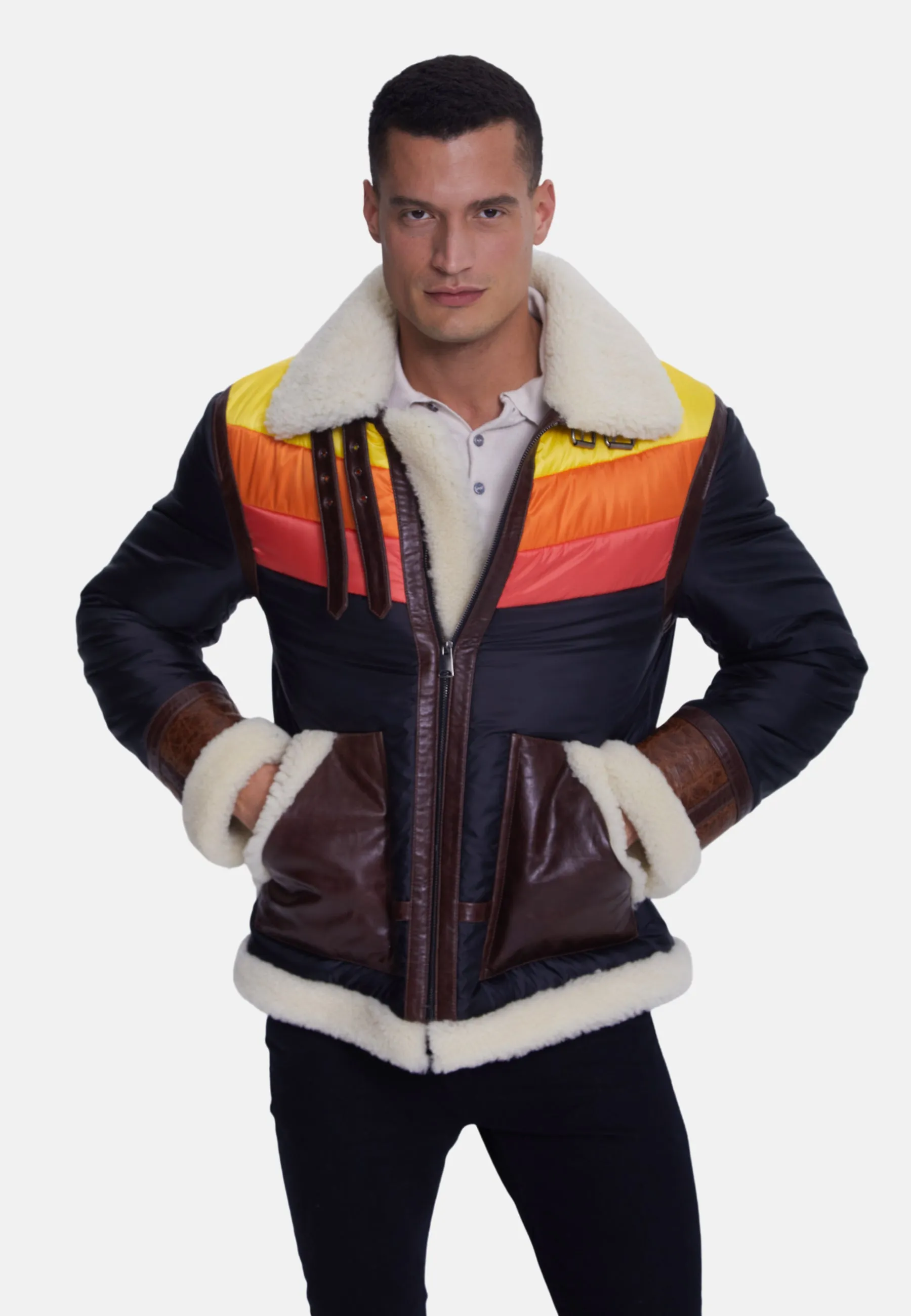 Men's Puffer Jacket, Cracked Brown With Beige Curly Wool