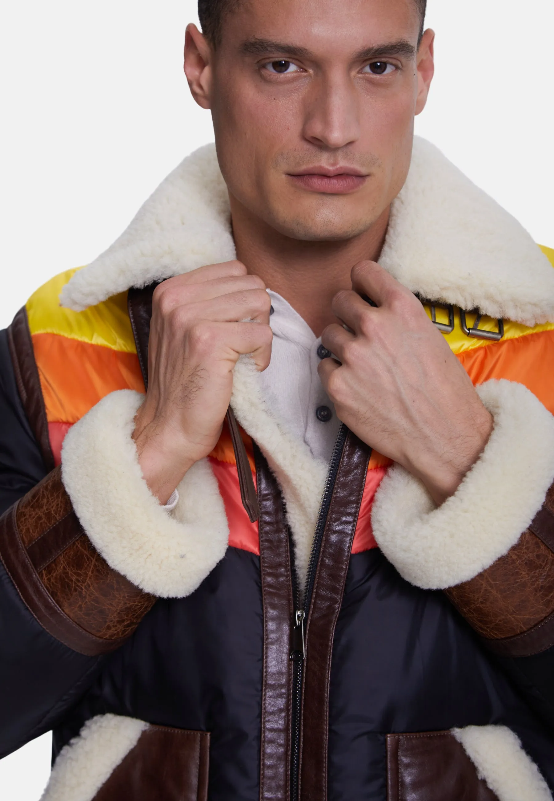 Men's Puffer Jacket, Cracked Brown With Beige Curly Wool