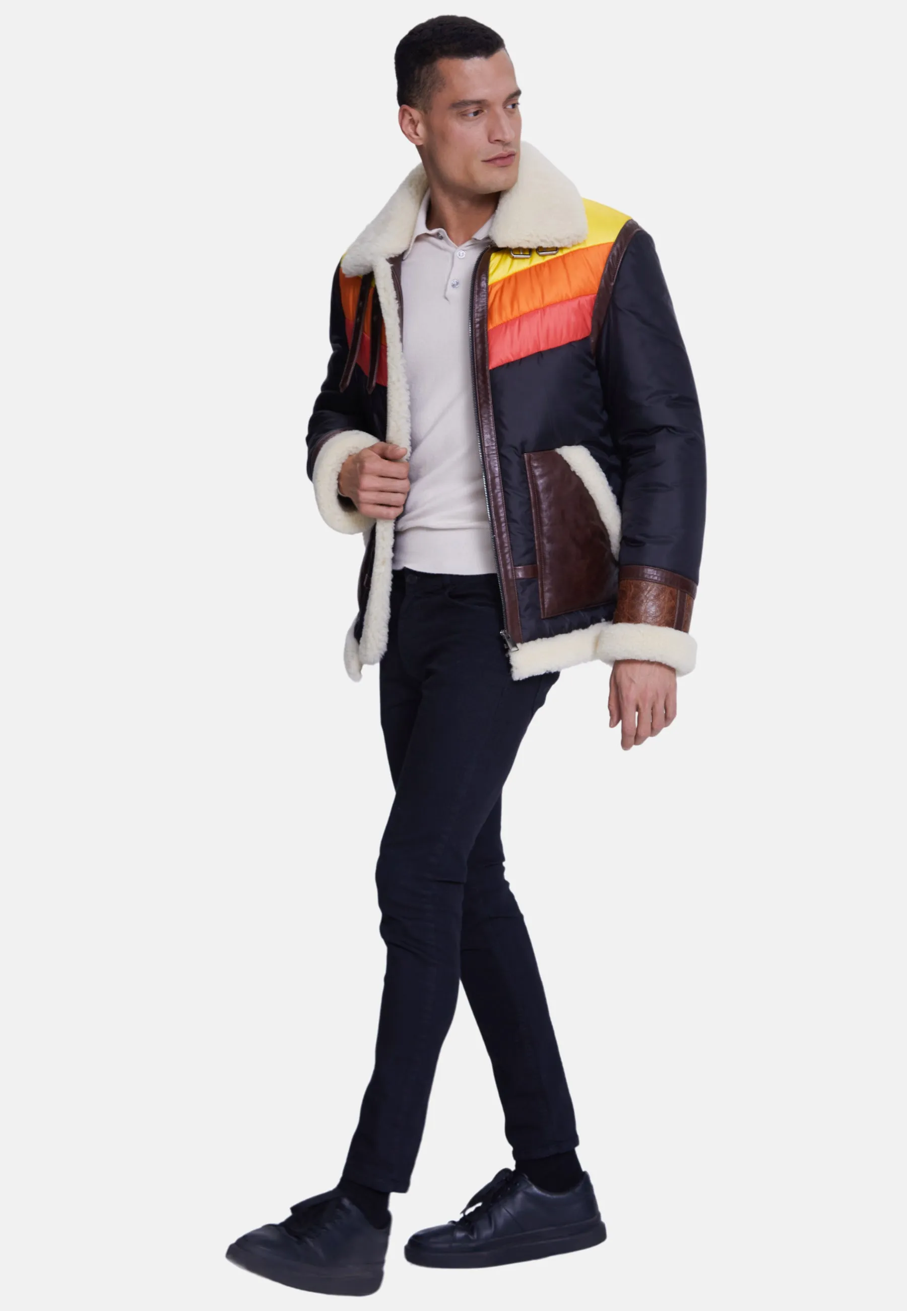 Men's Puffer Jacket, Cracked Brown With Beige Curly Wool