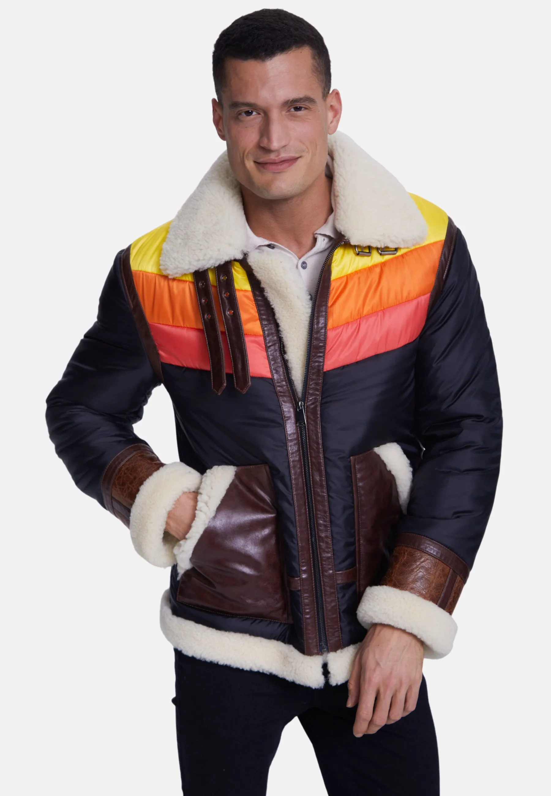 Men's Puffer Jacket, Cracked Brown With Beige Curly Wool