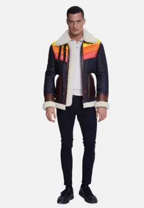 Men's Puffer Jacket, Cracked Brown With Beige Curly Wool