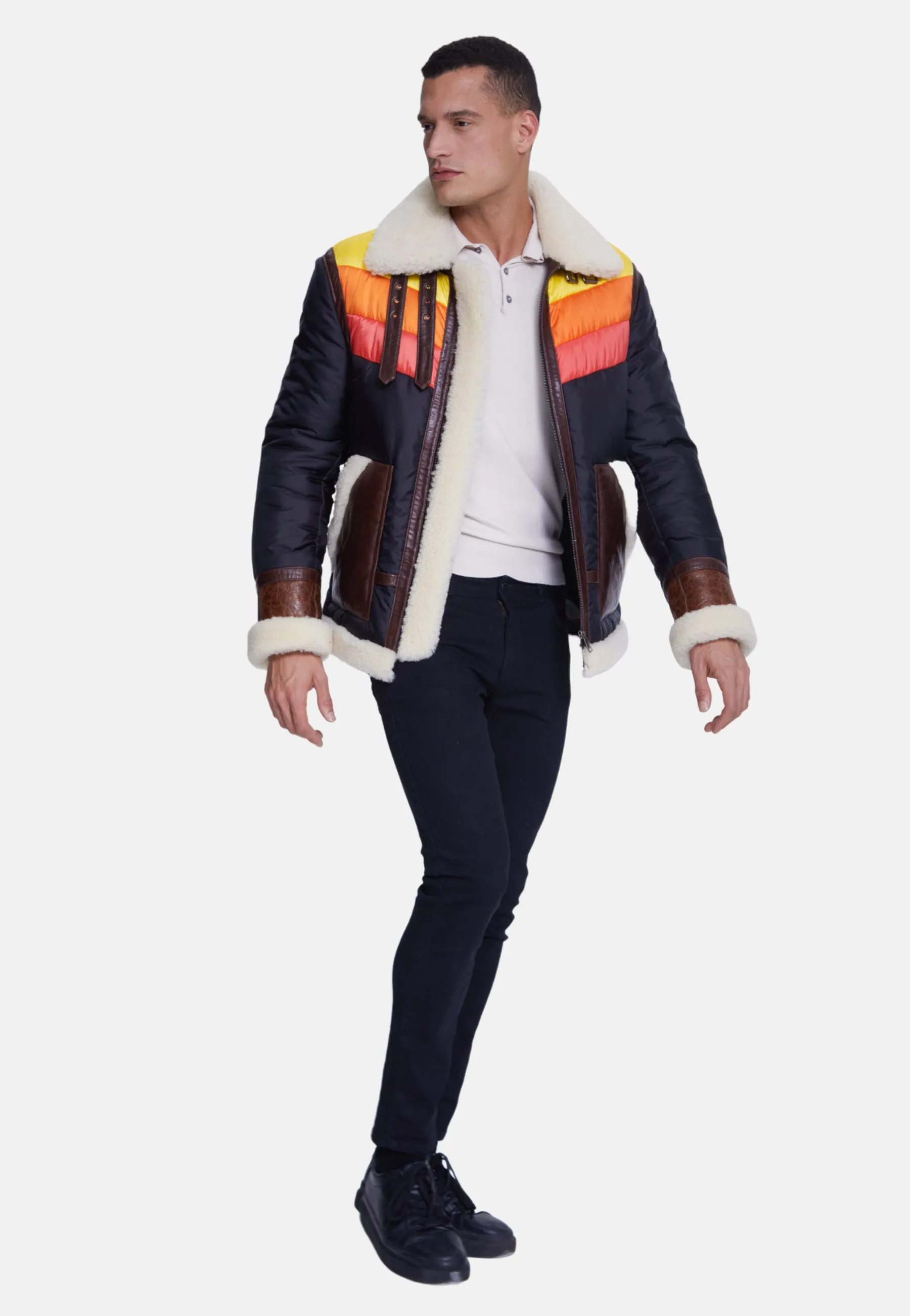 Men's Puffer Jacket, Cracked Brown With Beige Curly Wool