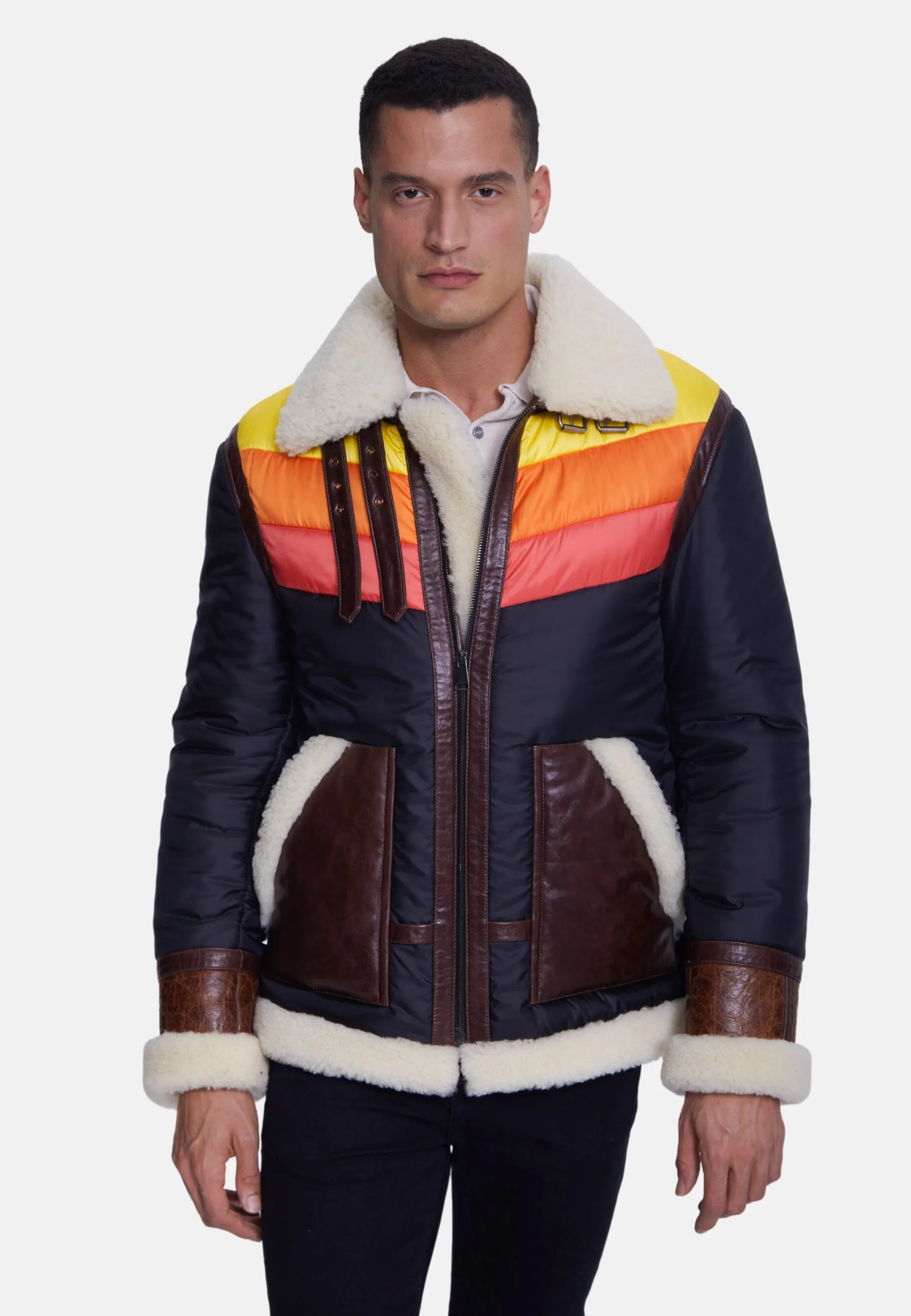Men's Puffer Jacket, Cracked Brown With Beige Curly Wool