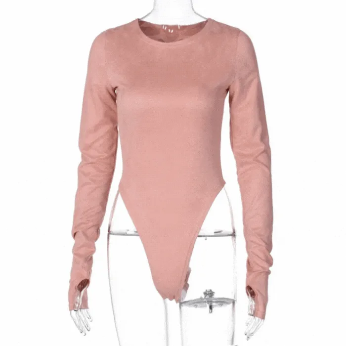 Pink Long Sleeve High Cut Suede Bodysuit
