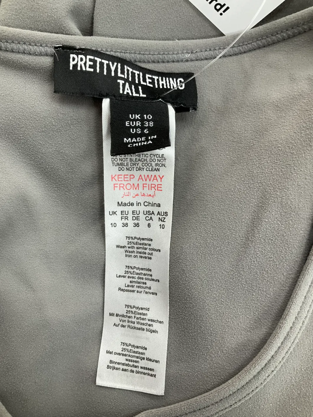 PrettyLittleThing Grey Charcoal Contour Sculpt Long Sleeve T Shirt UK 10