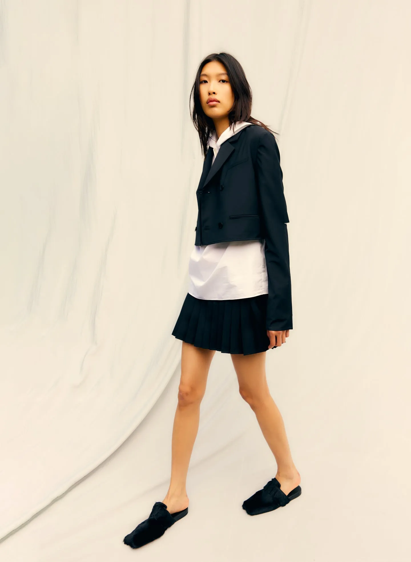 Tropical Wool Cropped Lean Double Breasted Shirt Jacket