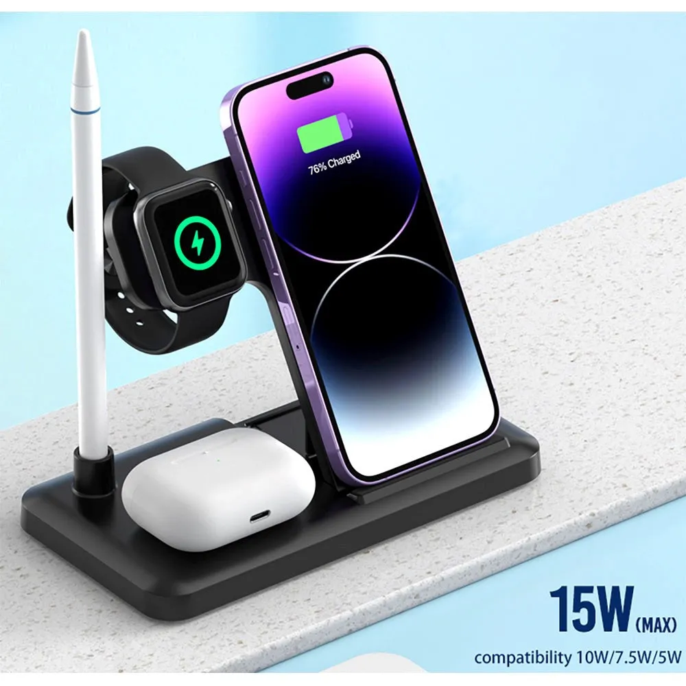 XO WX033 4-in-1 Foldbar Trådløs Oplader 15W - Hvid